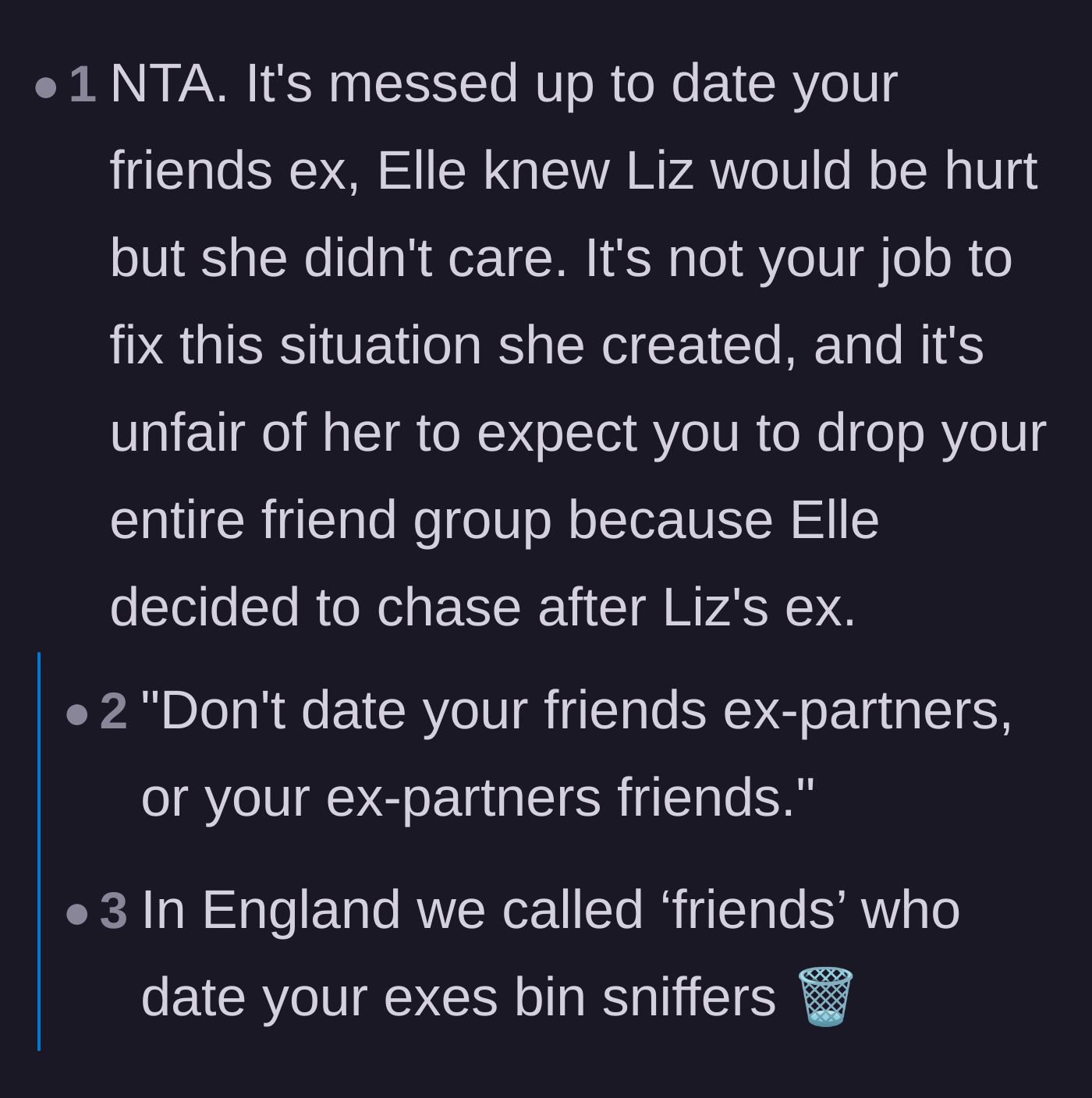 Comment thread 4 - Readers agreeing that dating a friend's ex is a major violation and sharing the brutal British slang 'bin sniffers.'