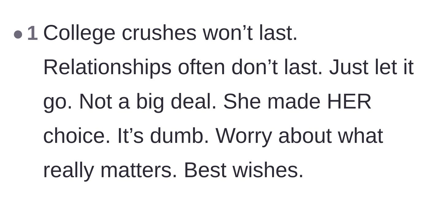 Comment thread 5 - A reminder that college relationships are fleeting and not worth ruining long-term friendships over.