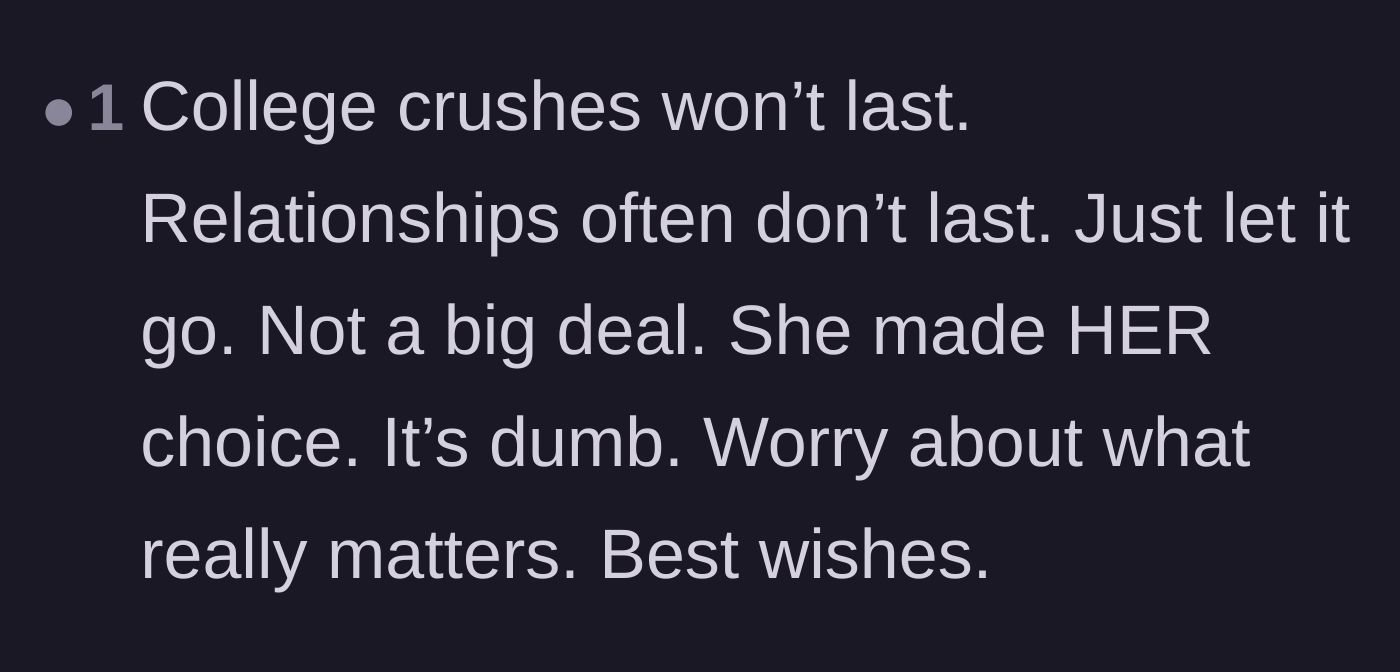 Comment thread 5 - A reminder that college relationships are fleeting and not worth ruining long-term friendships over.