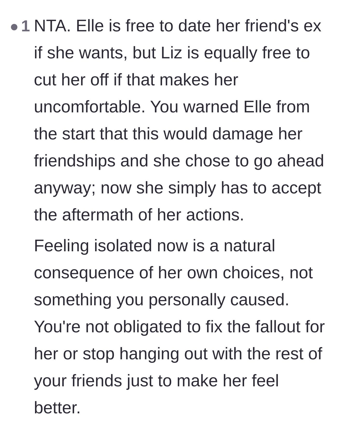 Comment thread 6 - Final thoughts validating the author's refusal to fix the social fallout Elle created for herself.