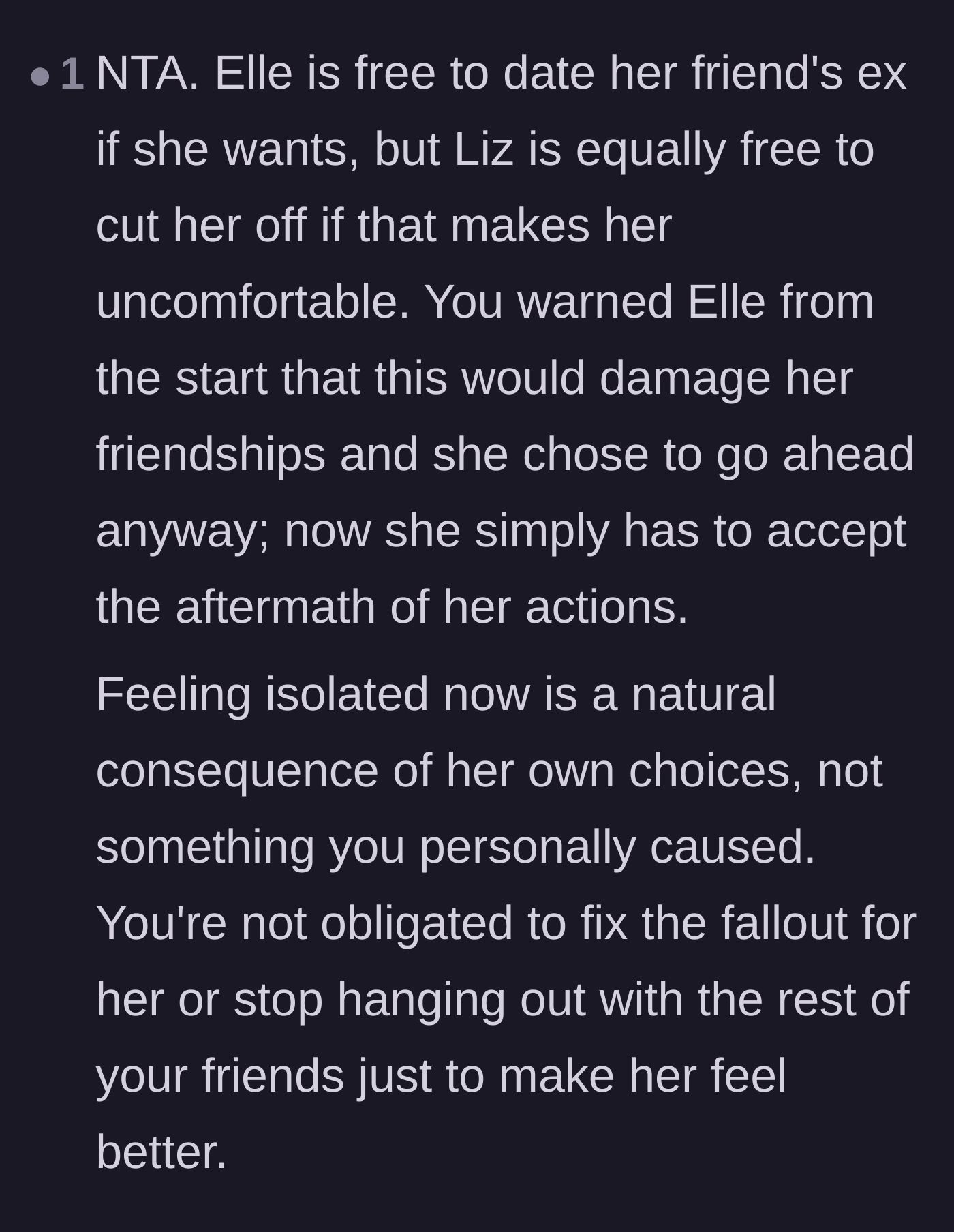 Comment thread 6 - Final thoughts validating the author's refusal to fix the social fallout Elle created for herself.