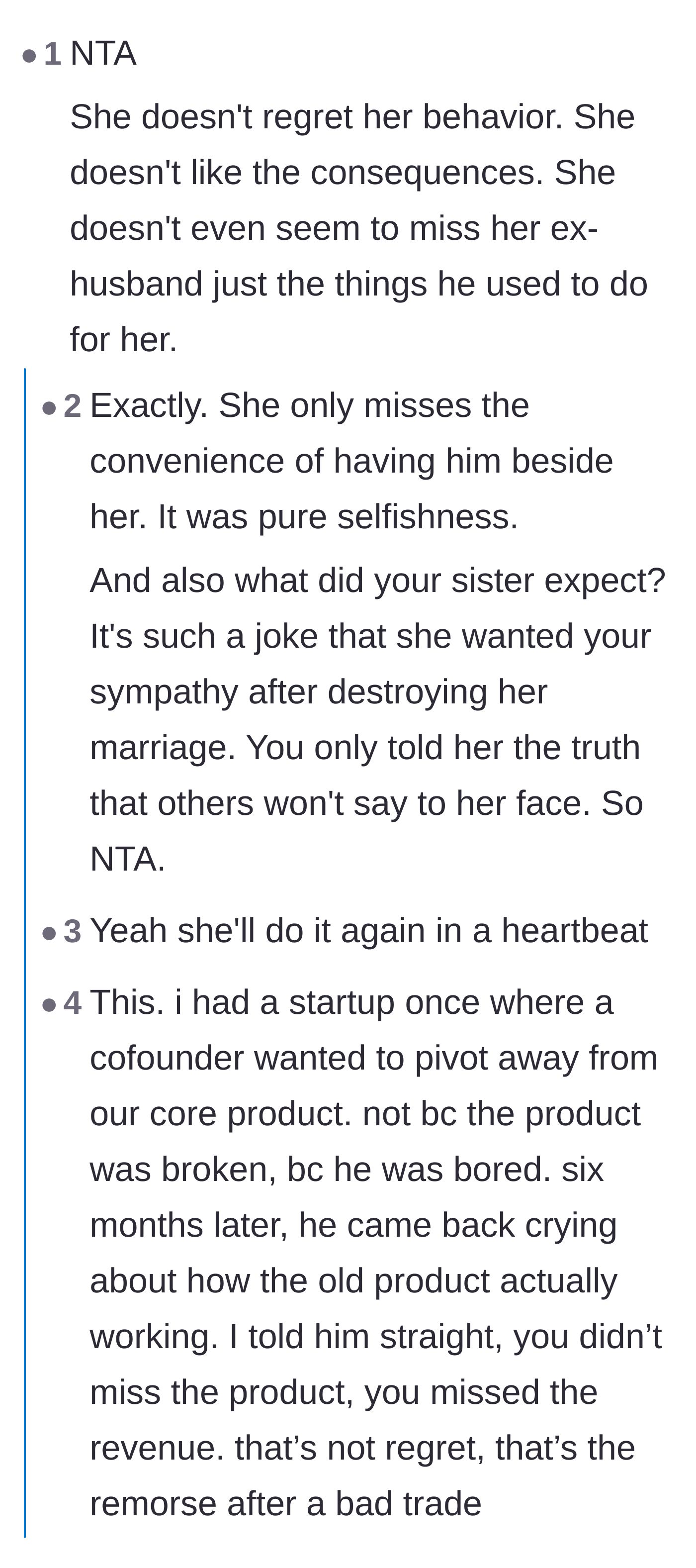 Comment thread 1 - Readers dissecting the painful difference between genuine regret and simply disliking the consequences of an affair.
