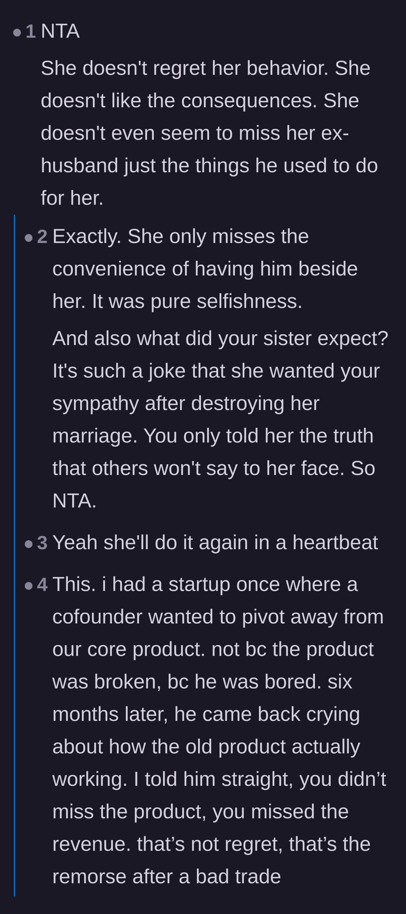 Comment thread 1 - Readers dissecting the painful difference between genuine regret and simply disliking the consequences of an affair.