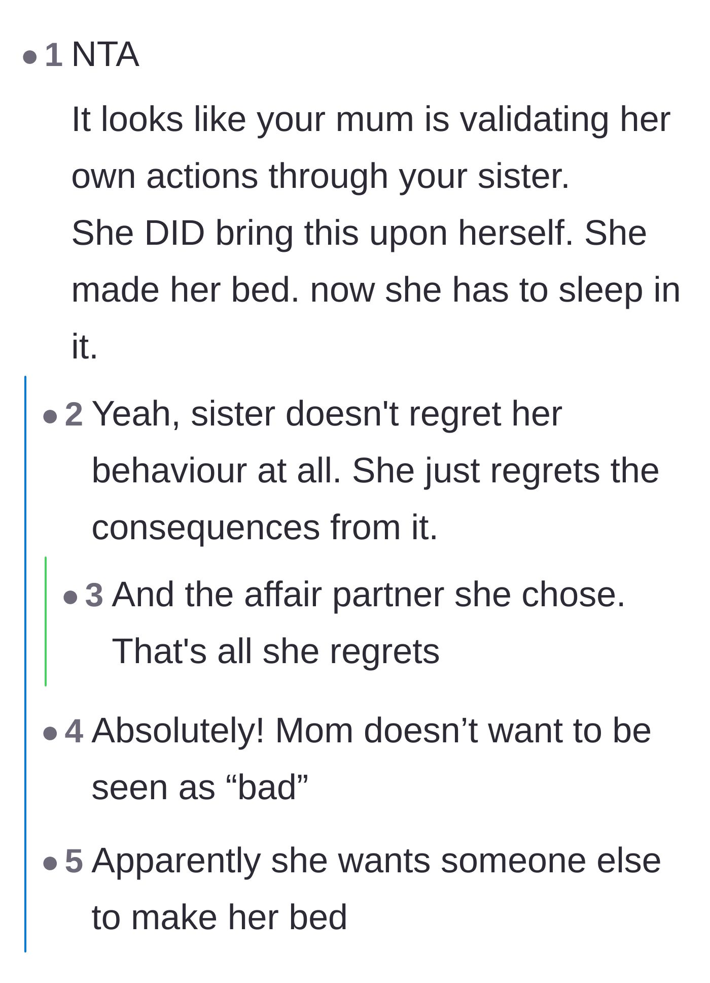 Comment thread 3 - Discussion about the mother's troubling history and how she uses the sister to validate her own past affairs.