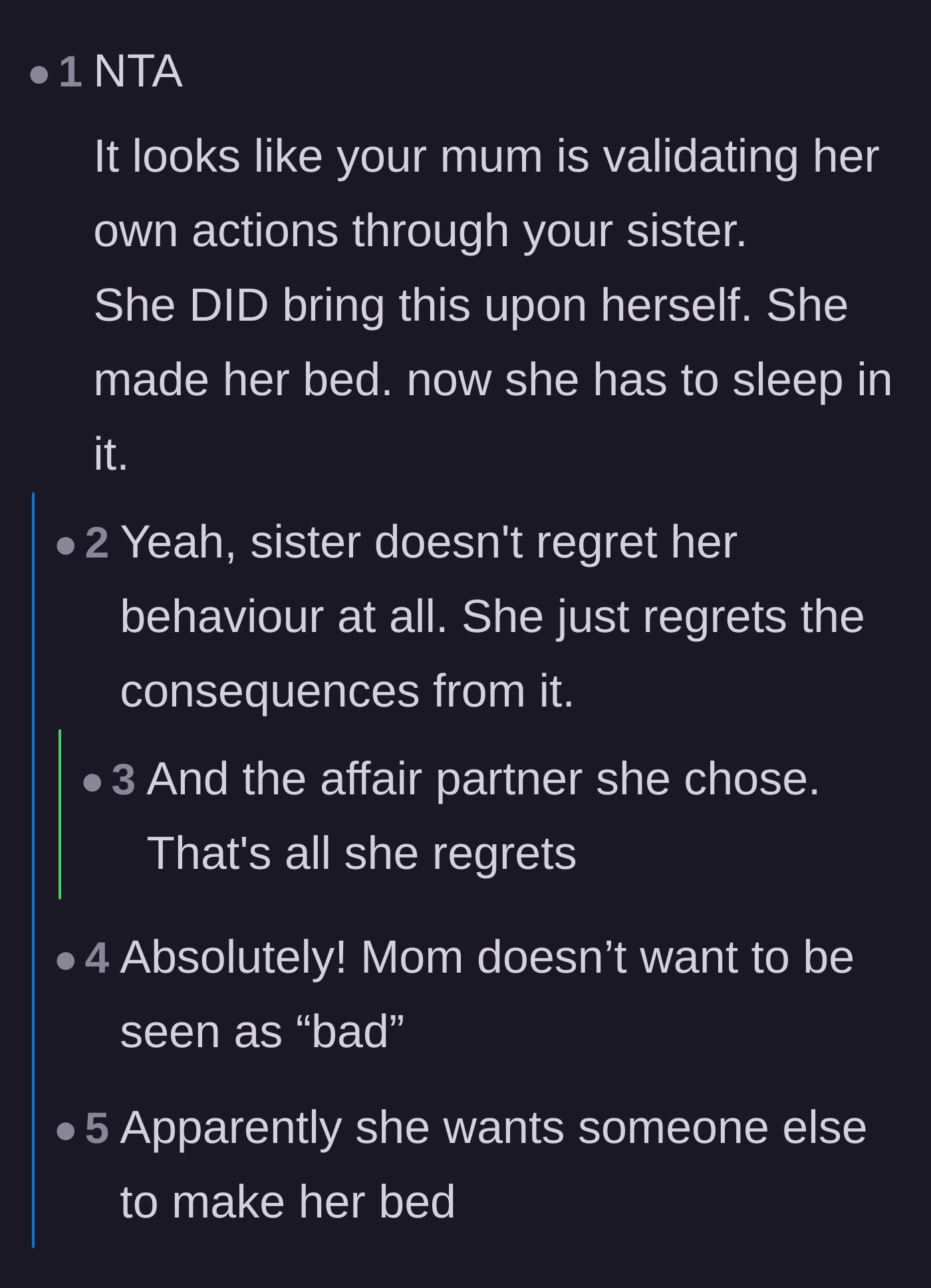 Comment thread 3 - Discussion about the mother's troubling history and how she uses the sister to validate her own past affairs.