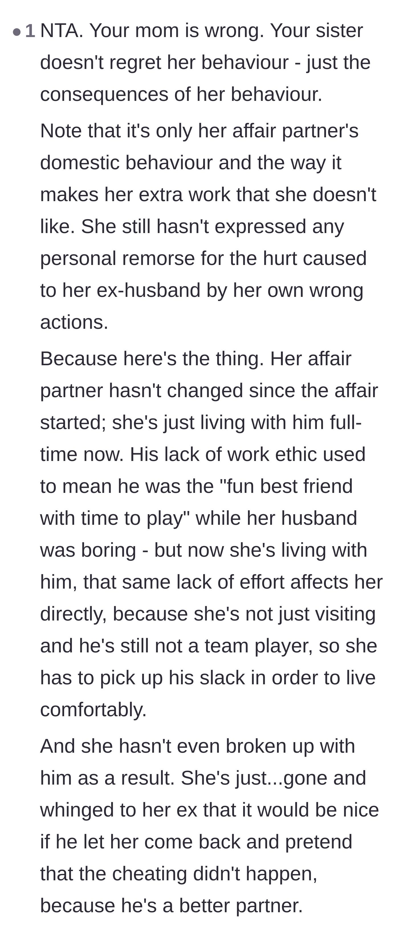 Comment thread 5 - A deep analysis explaining how the affair partner's laziness was fun during the affair but terrible for real life.