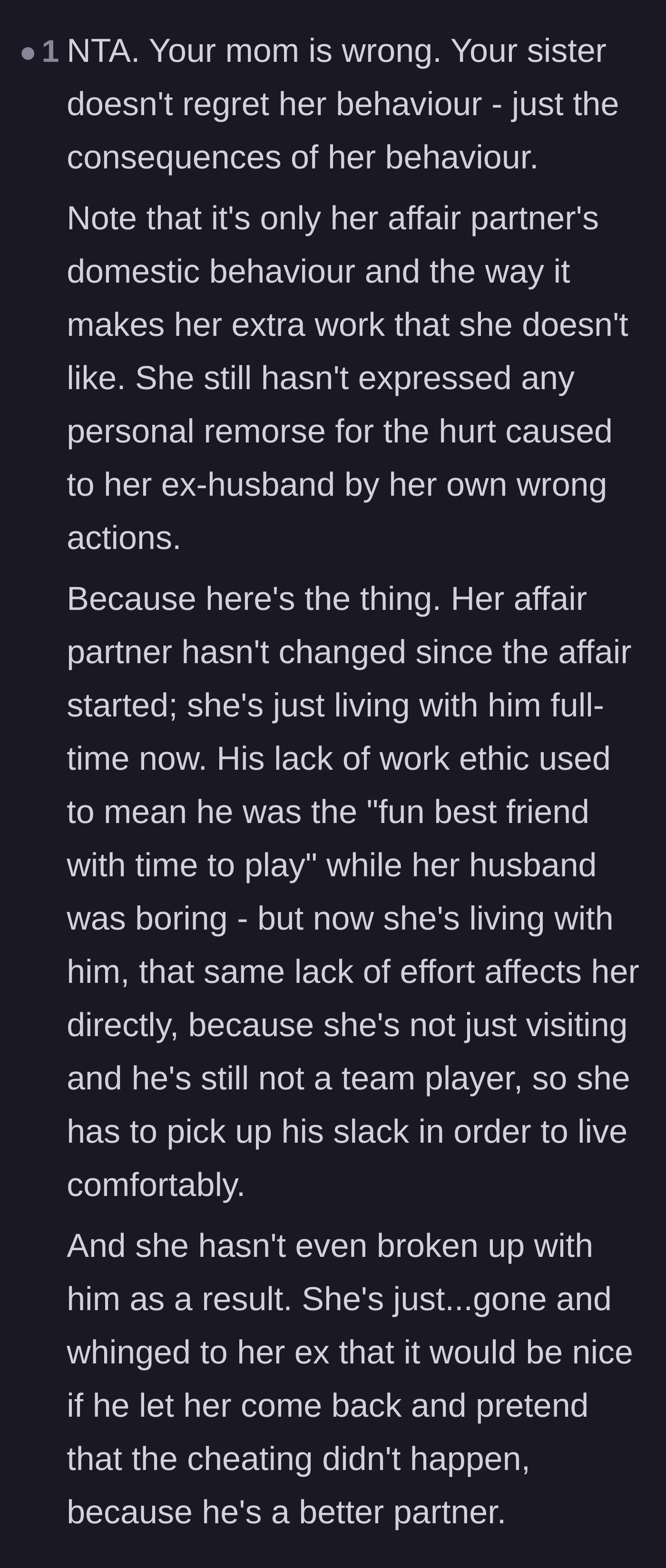 Comment thread 5 - A deep analysis explaining how the affair partner's laziness was fun during the affair but terrible for real life.