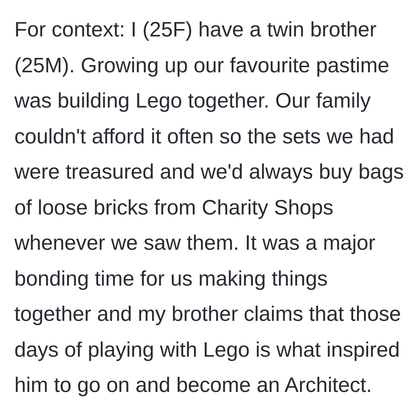 Story part 1 - Twin siblings happily bonding over thrifted Lego sets during their childhood