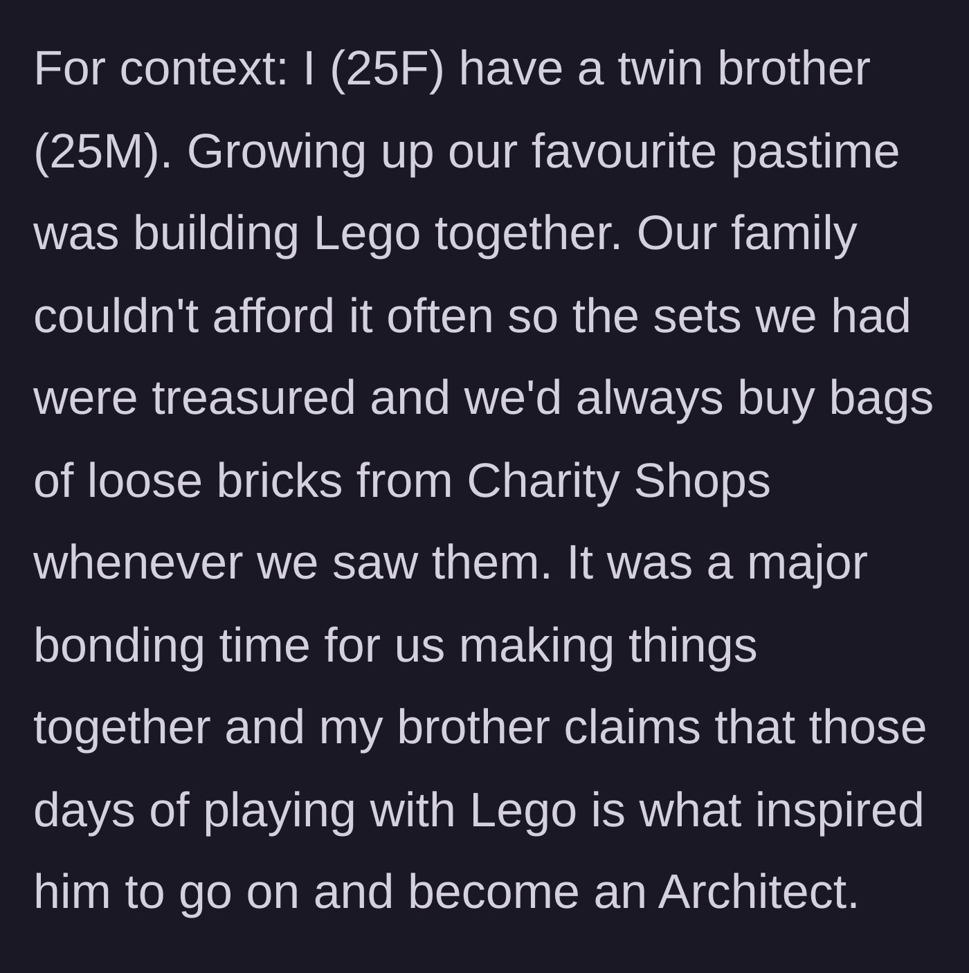 Story part 1 - Twin siblings happily bonding over thrifted Lego sets during their childhood
