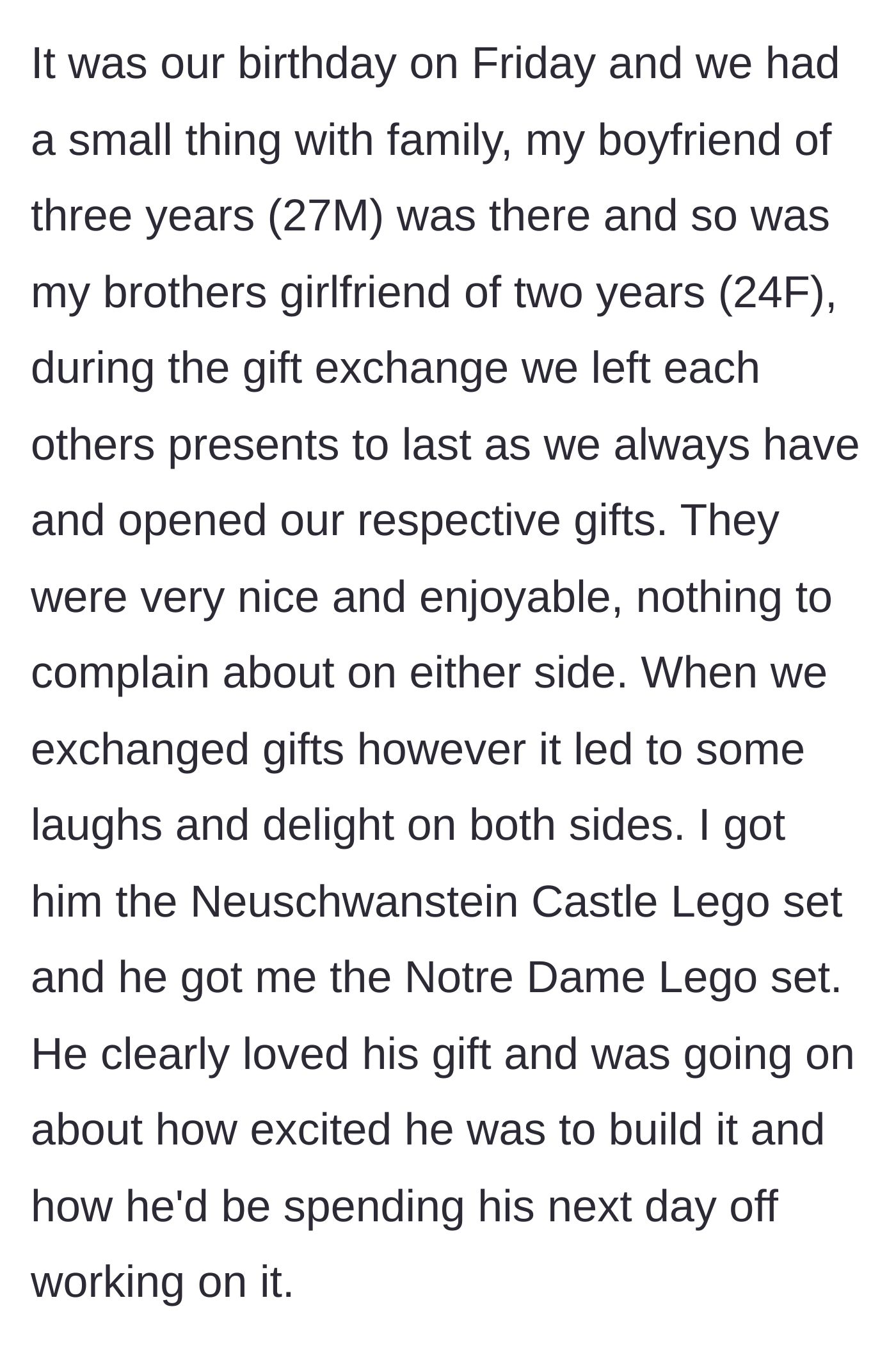 Story part 2 - The twin siblings exchange massive Lego sets at their joint birthday party while their partners watch