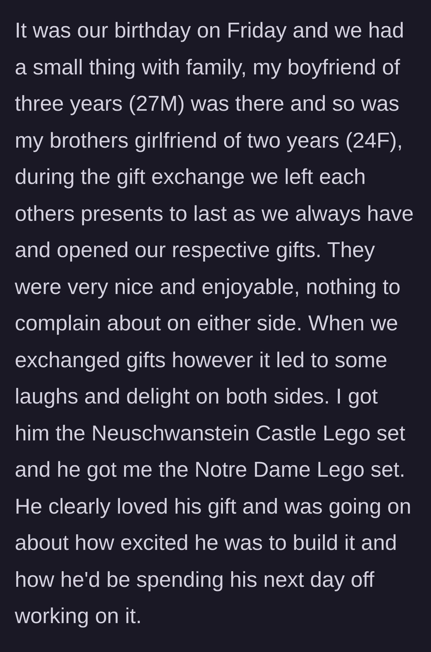 Story part 2 - The twin siblings exchange massive Lego sets at their joint birthday party while their partners watch