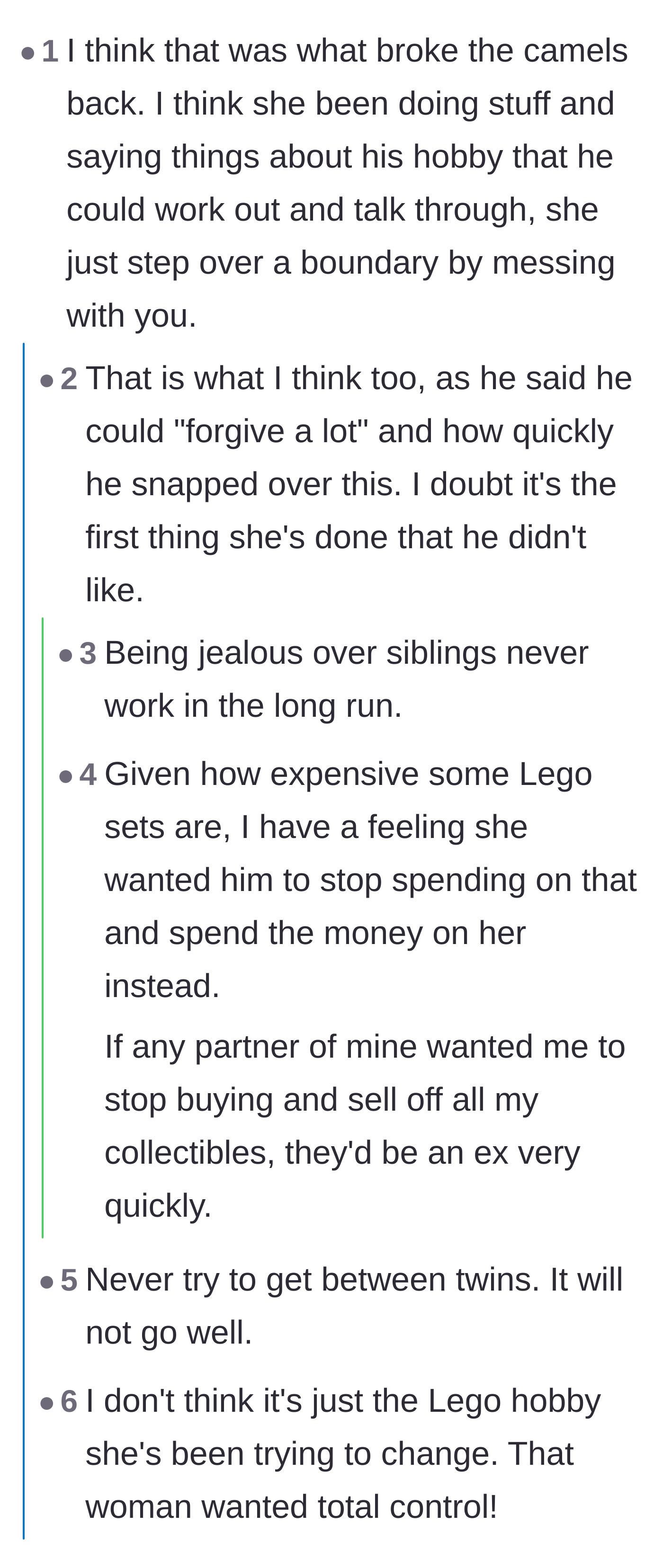Comment thread 1 - Readers dissecting the ex-girlfriend's toxic jealousy and her attempt to control his hobbies.