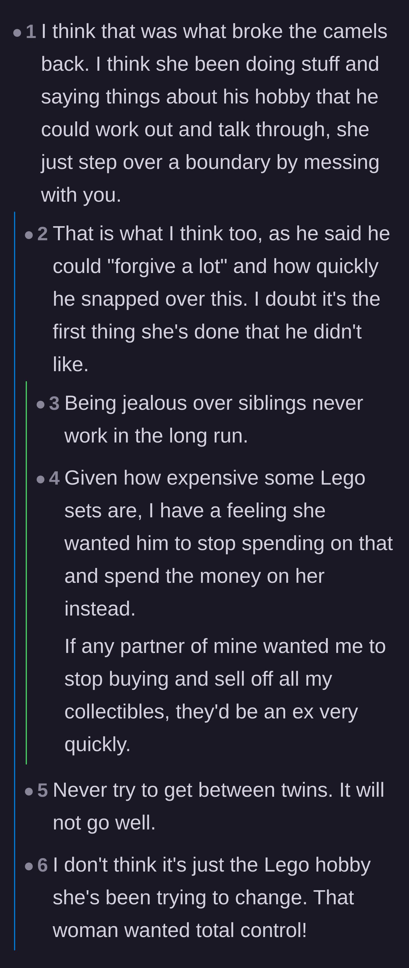 Comment thread 1 - Readers dissecting the ex-girlfriend's toxic jealousy and her attempt to control his hobbies.