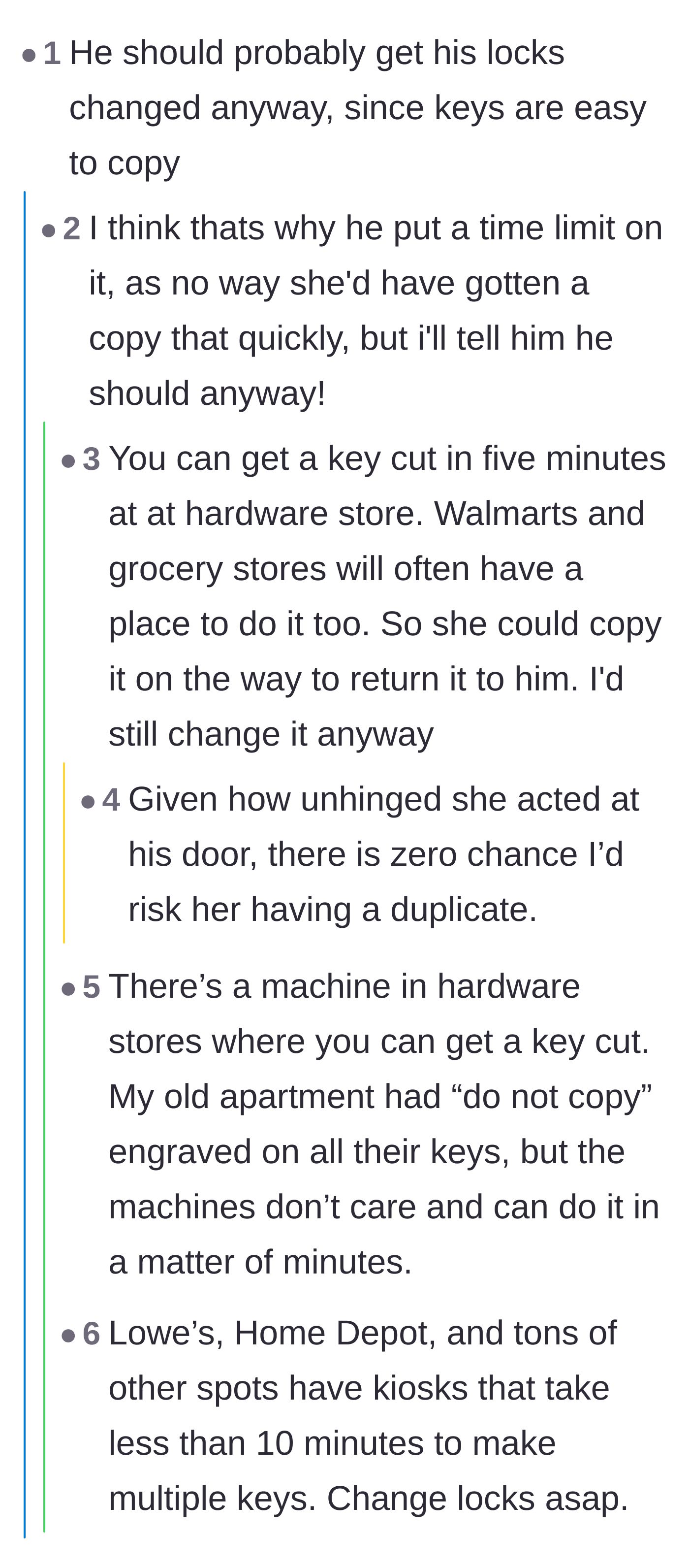 Comment thread 2 - Practical advice urging the brother to immediately change his apartment locks.