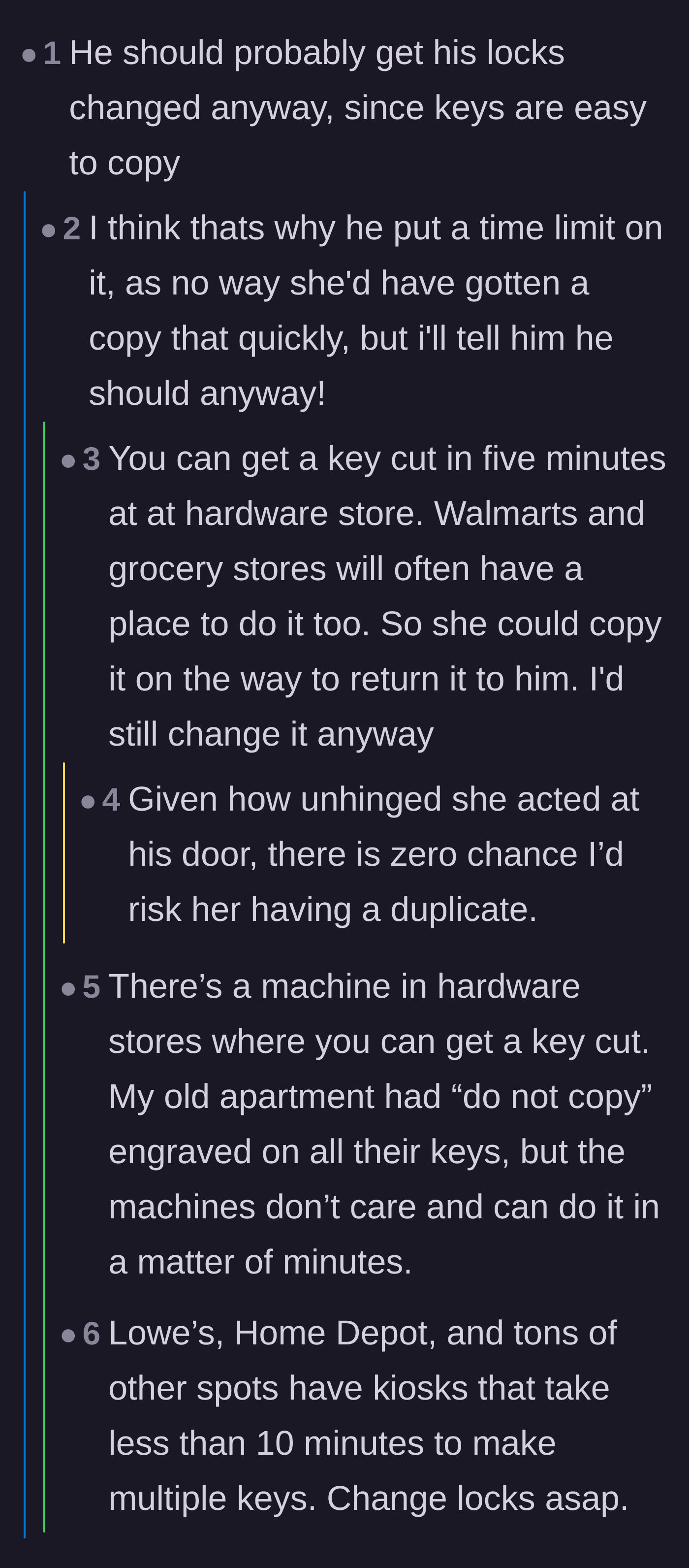 Comment thread 2 - Practical advice urging the brother to immediately change his apartment locks.