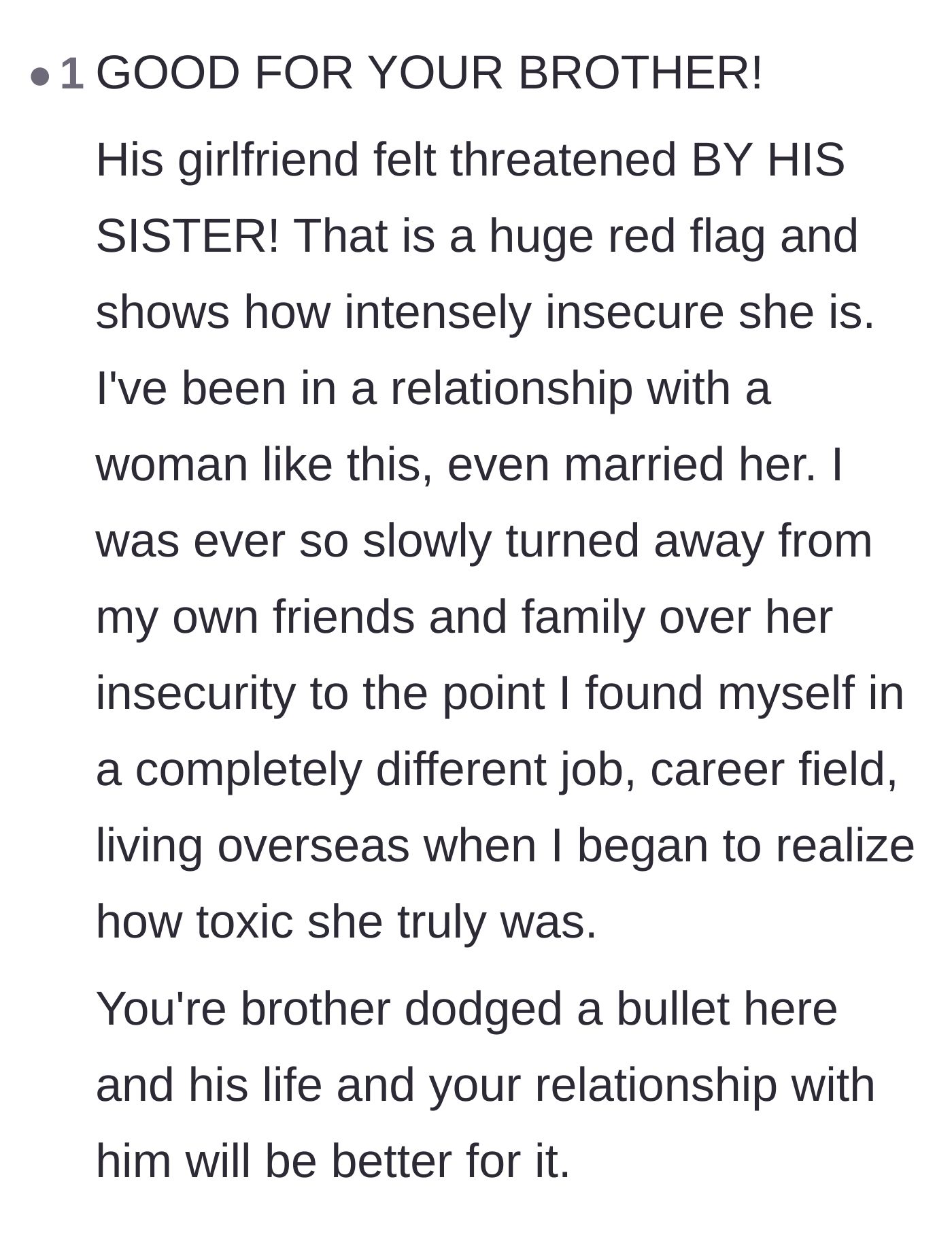 Comment thread 6 - A reader sharing their own painful experience with an isolating, insecure partner.