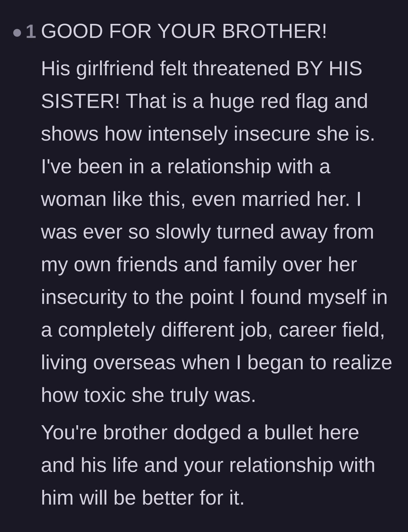 Comment thread 6 - A reader sharing their own painful experience with an isolating, insecure partner.