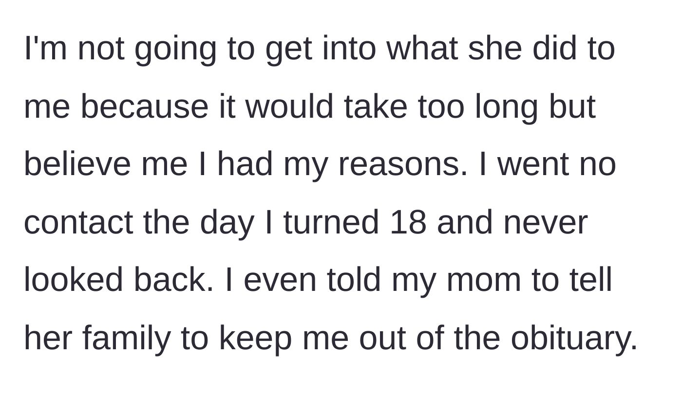 Story part 2 - Explaining the strict twenty-year no-contact rule and preemptive obituary omission.
