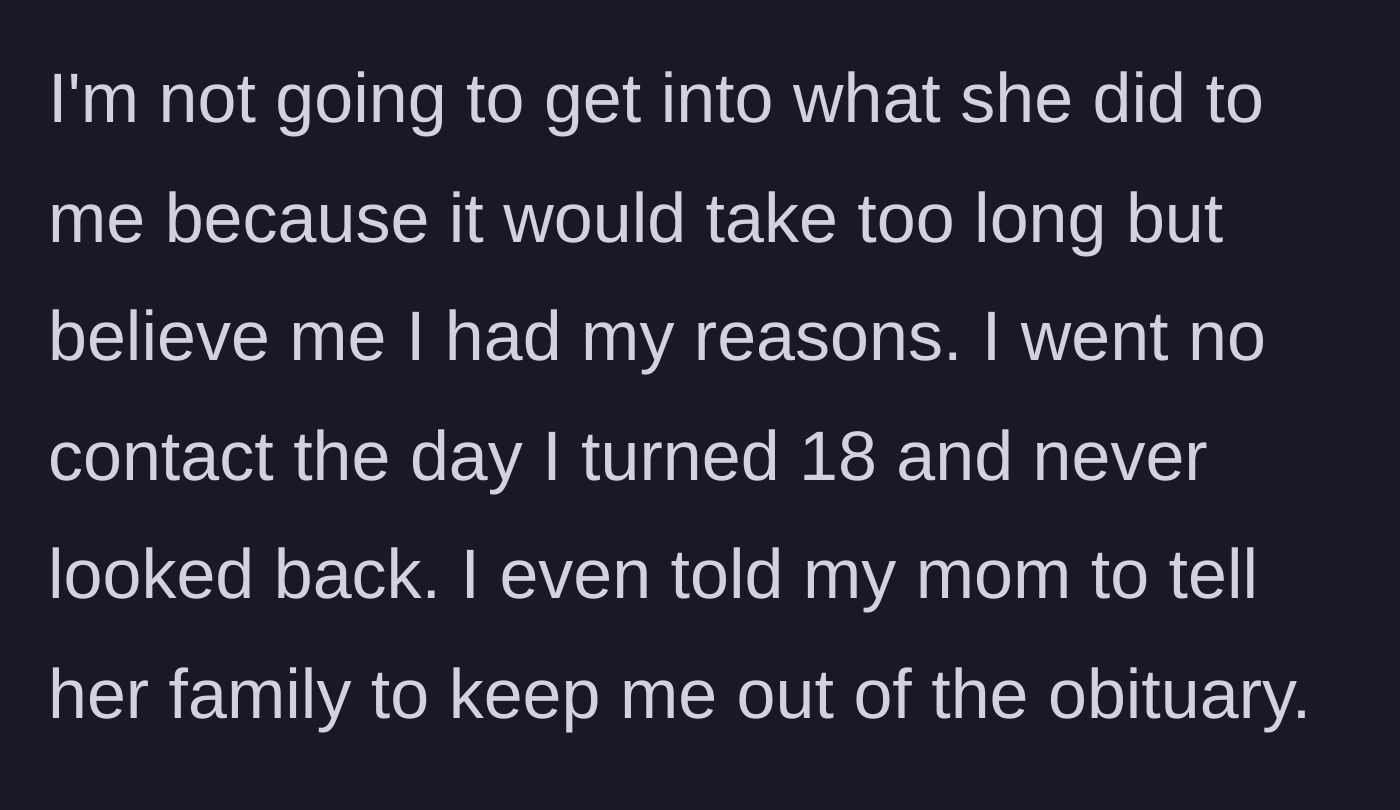 Story part 2 - Explaining the strict twenty-year no-contact rule and preemptive obituary omission.