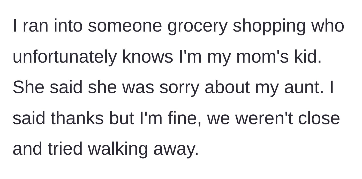 Story part 4 - A grocery store encounter where an acquaintance offers unwanted condolences.