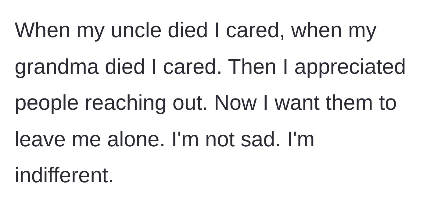 Story part 7 - Contrasting the aunt's passing with genuine grief felt for other deceased relatives.