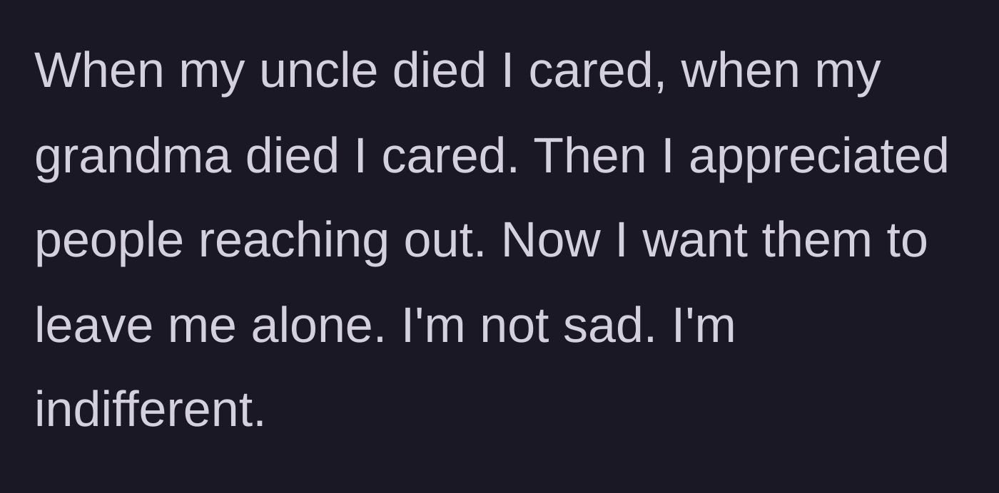 Story part 7 - Contrasting the aunt's passing with genuine grief felt for other deceased relatives.