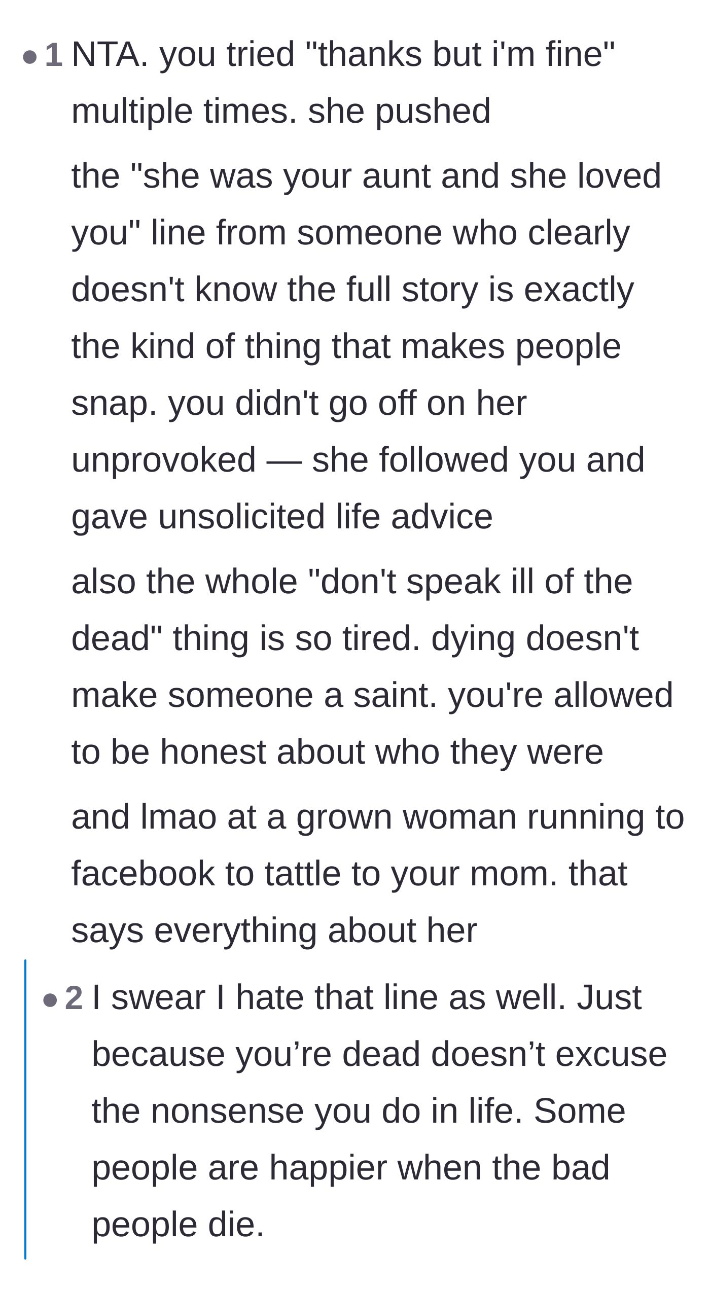 Comment thread 1 - A discussion on how death doesn't erase bad behavior and why 'don't speak ill of the dead' is an outdated concept.