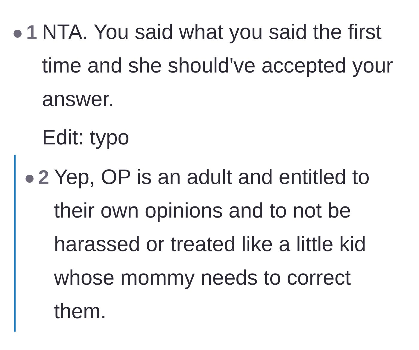 Comment thread 3 - Support for the narrator's right to have their initial 'no' respected as an adult.