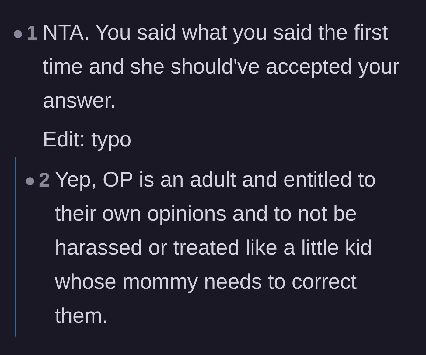 Comment thread 3 - Support for the narrator's right to have their initial 'no' respected as an adult.