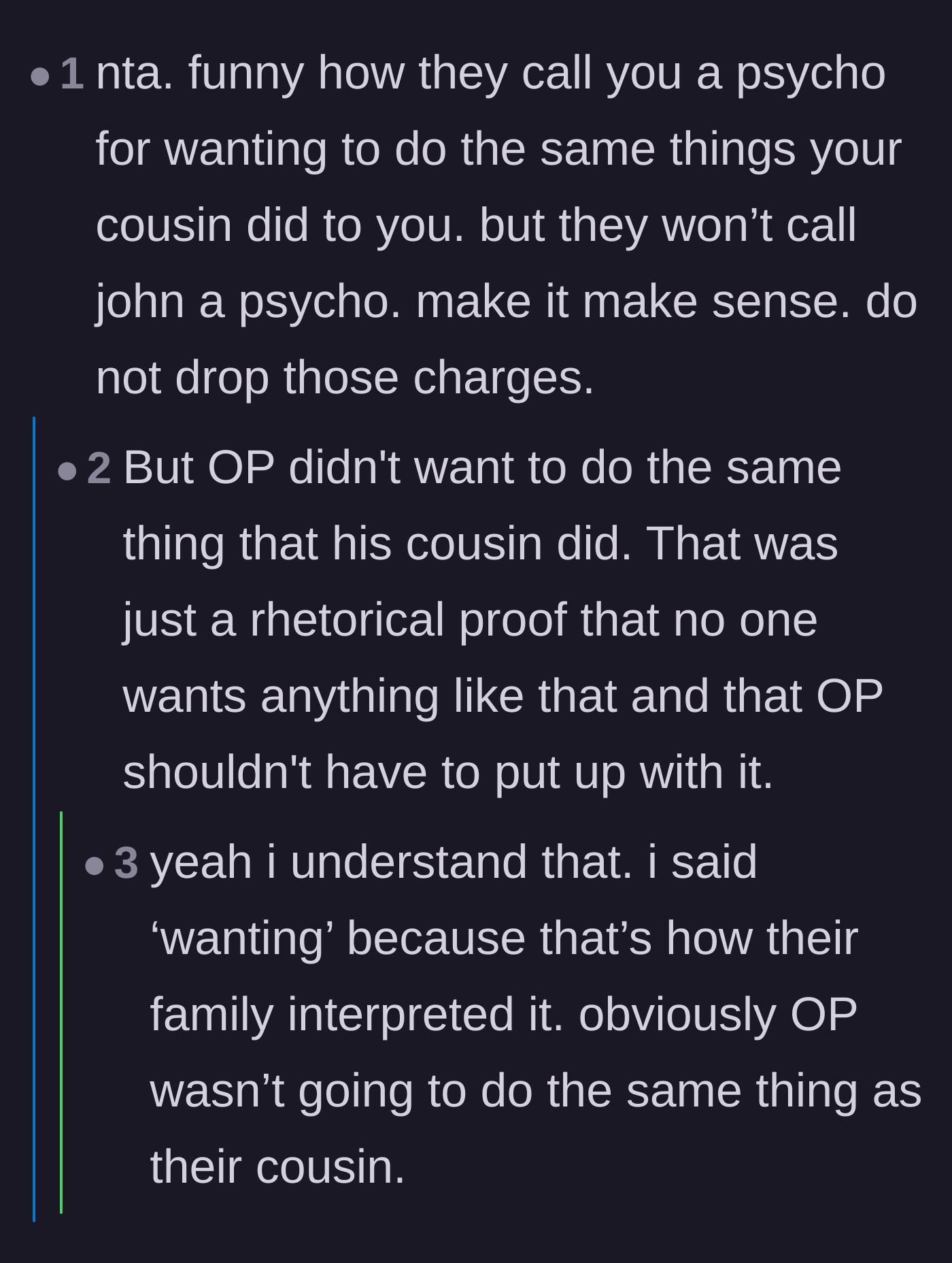 Comment thread 2 - A discussion on the family's glaring hypocrisy in labeling the author's rhetorical deal as psychotic.