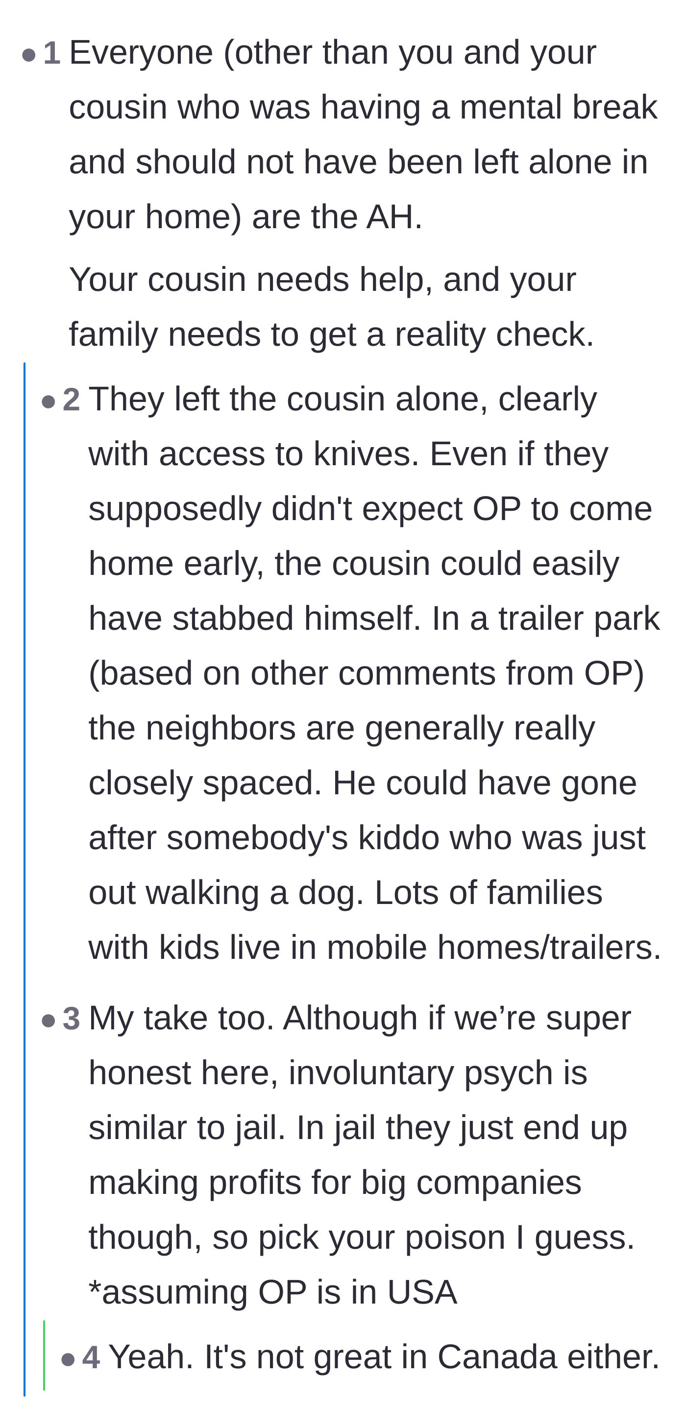 Comment thread 5 - Commentary highlighting the severe negligence of leaving an unstable person alone with access to weapons in a residential area.