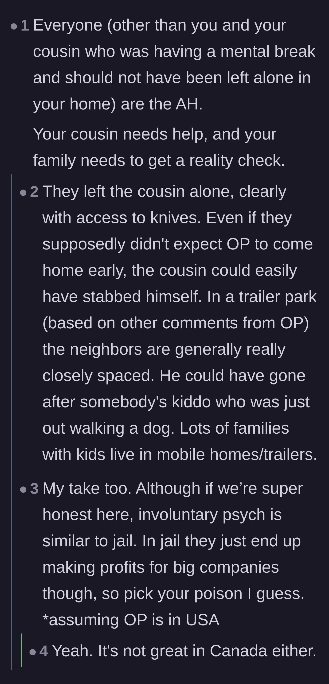 Comment thread 5 - Commentary highlighting the severe negligence of leaving an unstable person alone with access to weapons in a residential area.