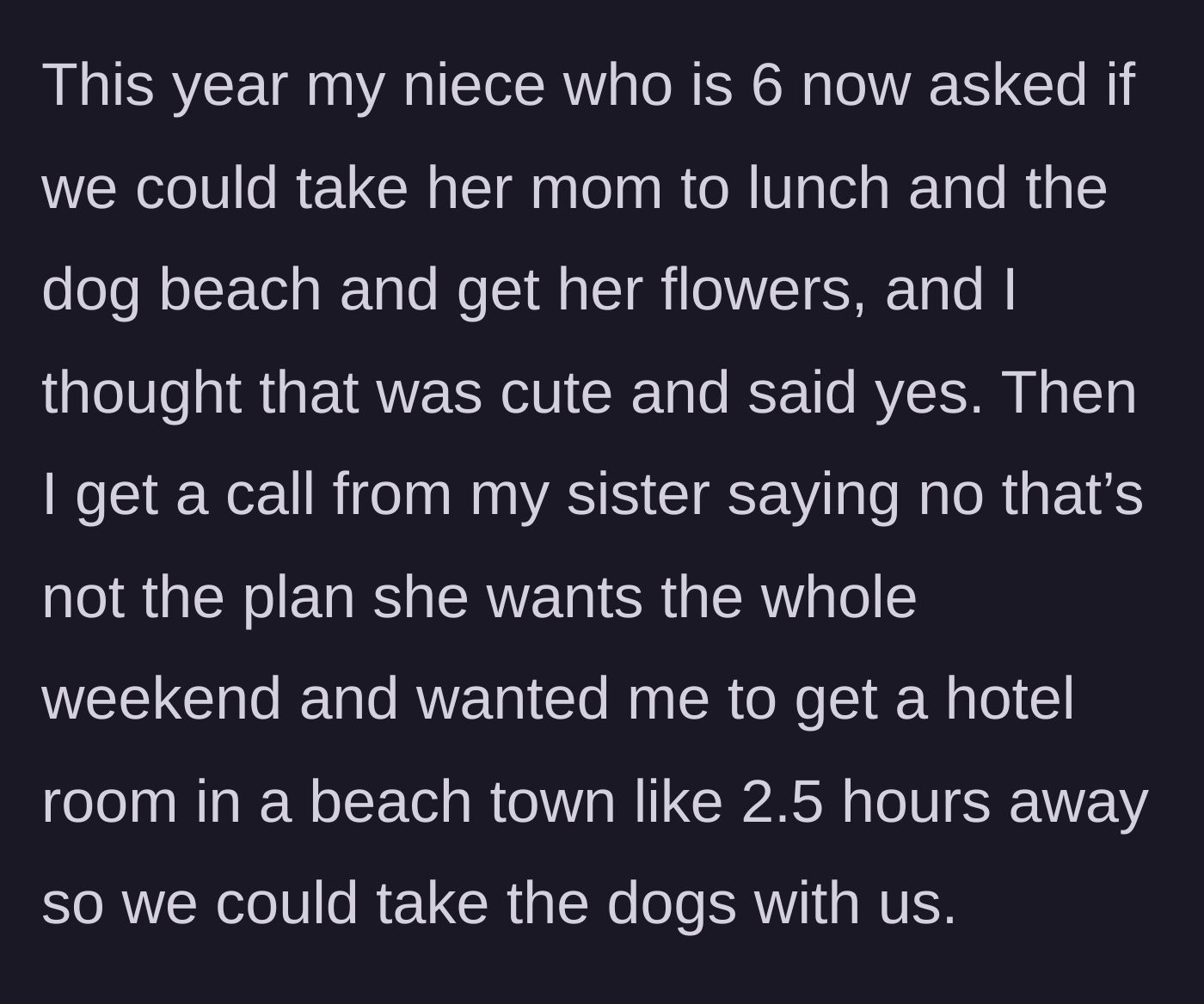 Story part 2 - Six-year-old niece's sweet Mother's Day plan is hijacked by the mom who demands a hotel getaway instead.