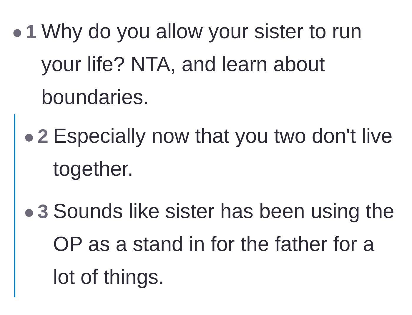 Comment thread 3 - A discussion about the aunt needing stronger boundaries and how she is being treated like a stand-in spouse.