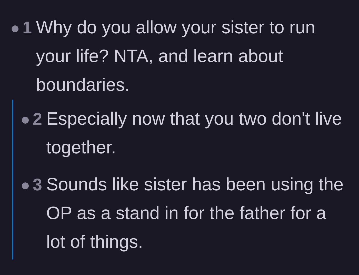 Comment thread 3 - A discussion about the aunt needing stronger boundaries and how she is being treated like a stand-in spouse.