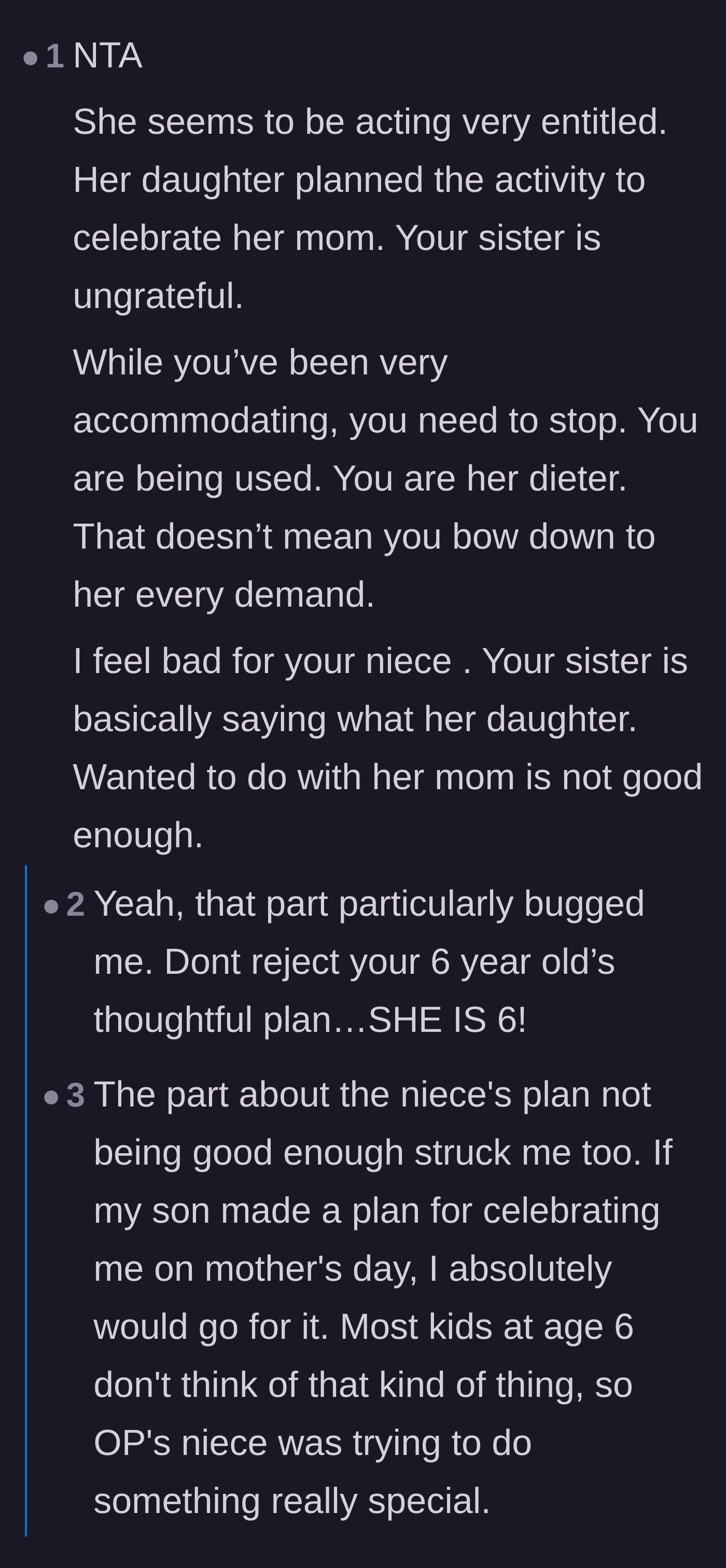 Comment thread 4 - Deep dive into the mother's crushing entitlement and the emotional toll on the young niece.