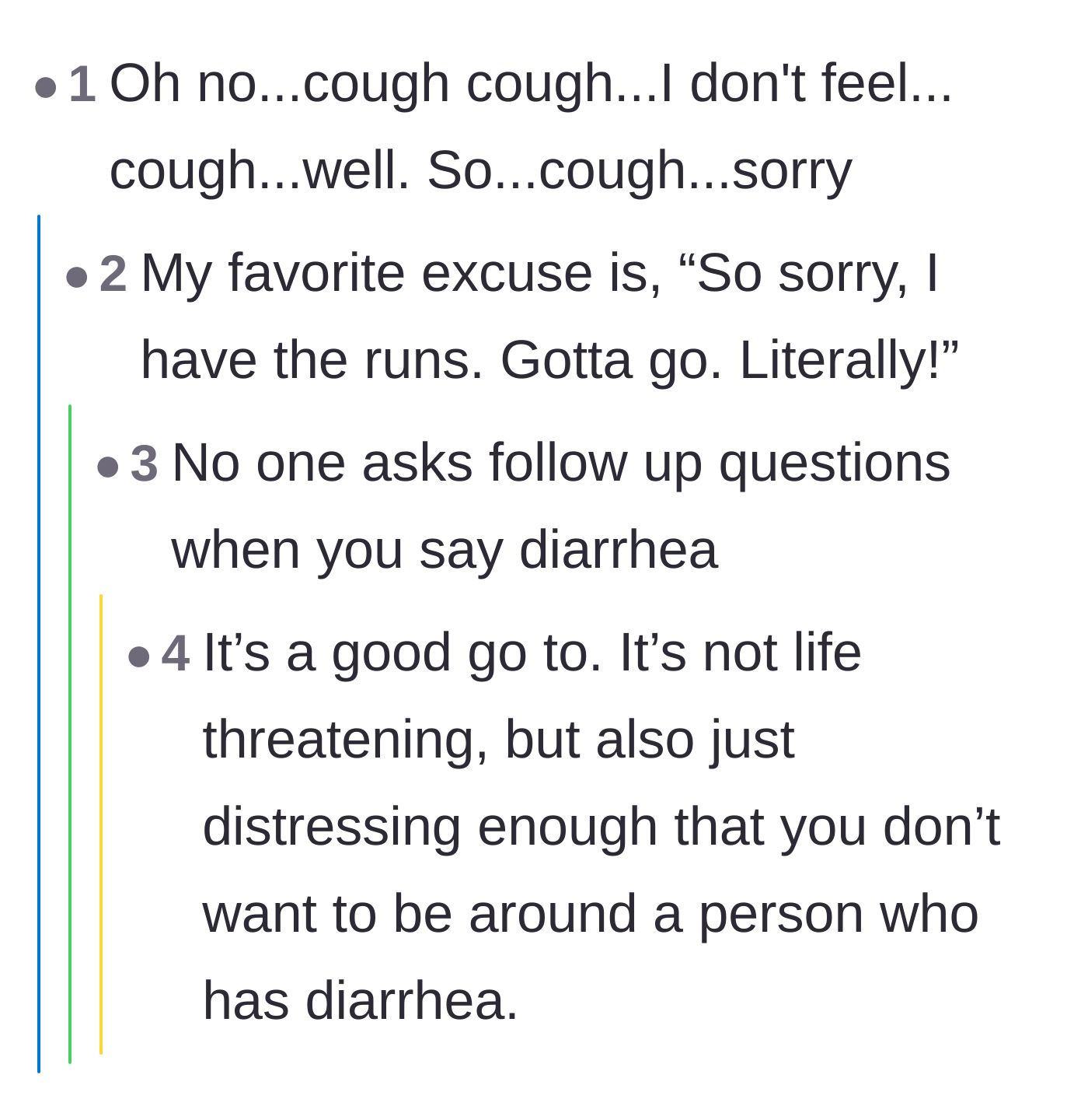 Comment thread 5 - Hilarious advice on faking an embarrassing stomach illness to get out of the beach trip entirely.