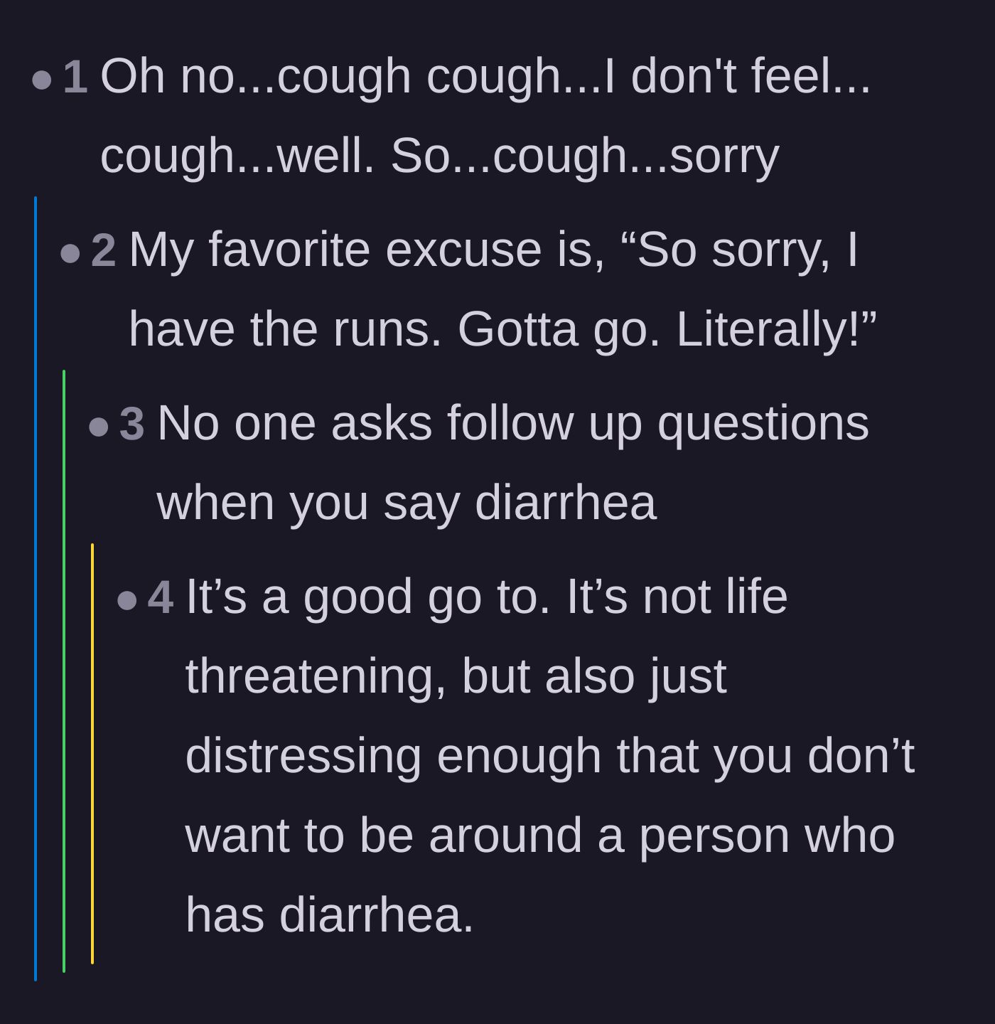 Comment thread 5 - Hilarious advice on faking an embarrassing stomach illness to get out of the beach trip entirely.