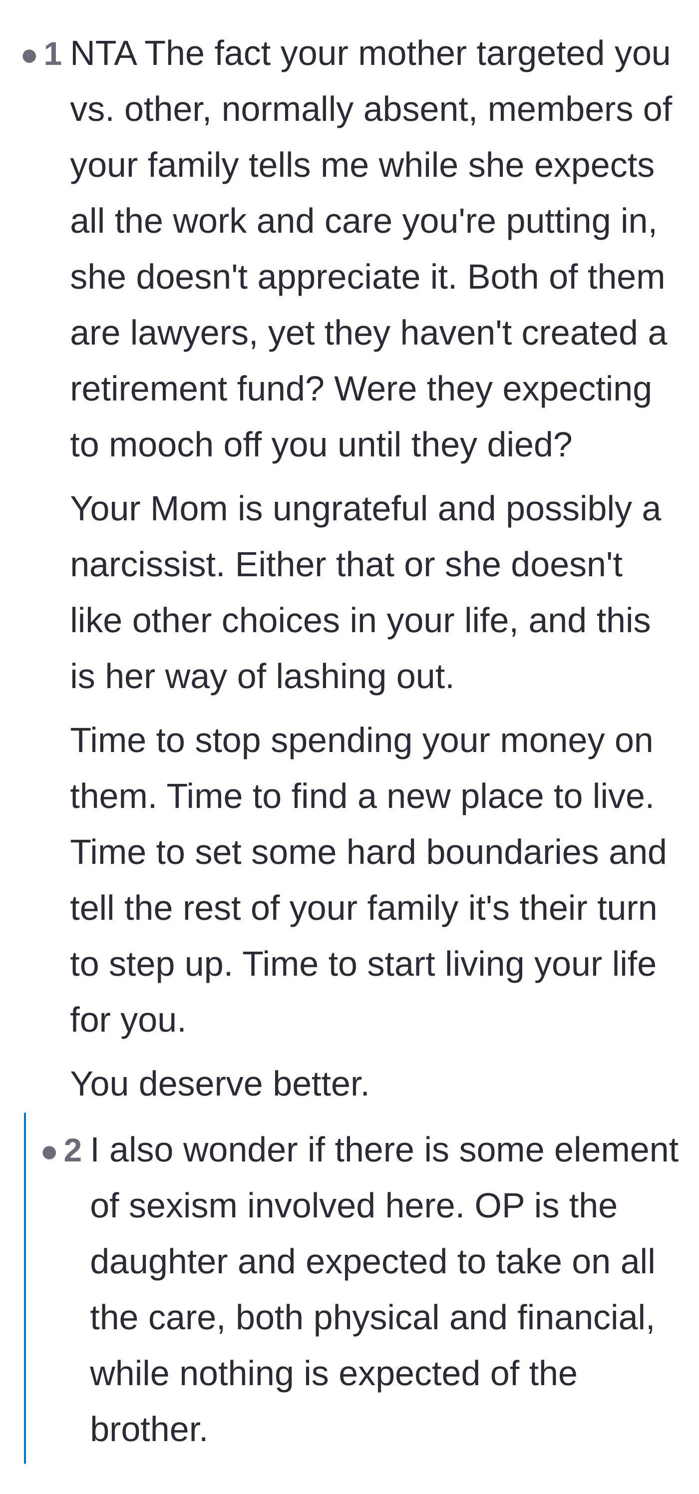 Comment thread 1 - Discussion about the parents' lack of retirement planning and the realization that the daughter is their backup plan
