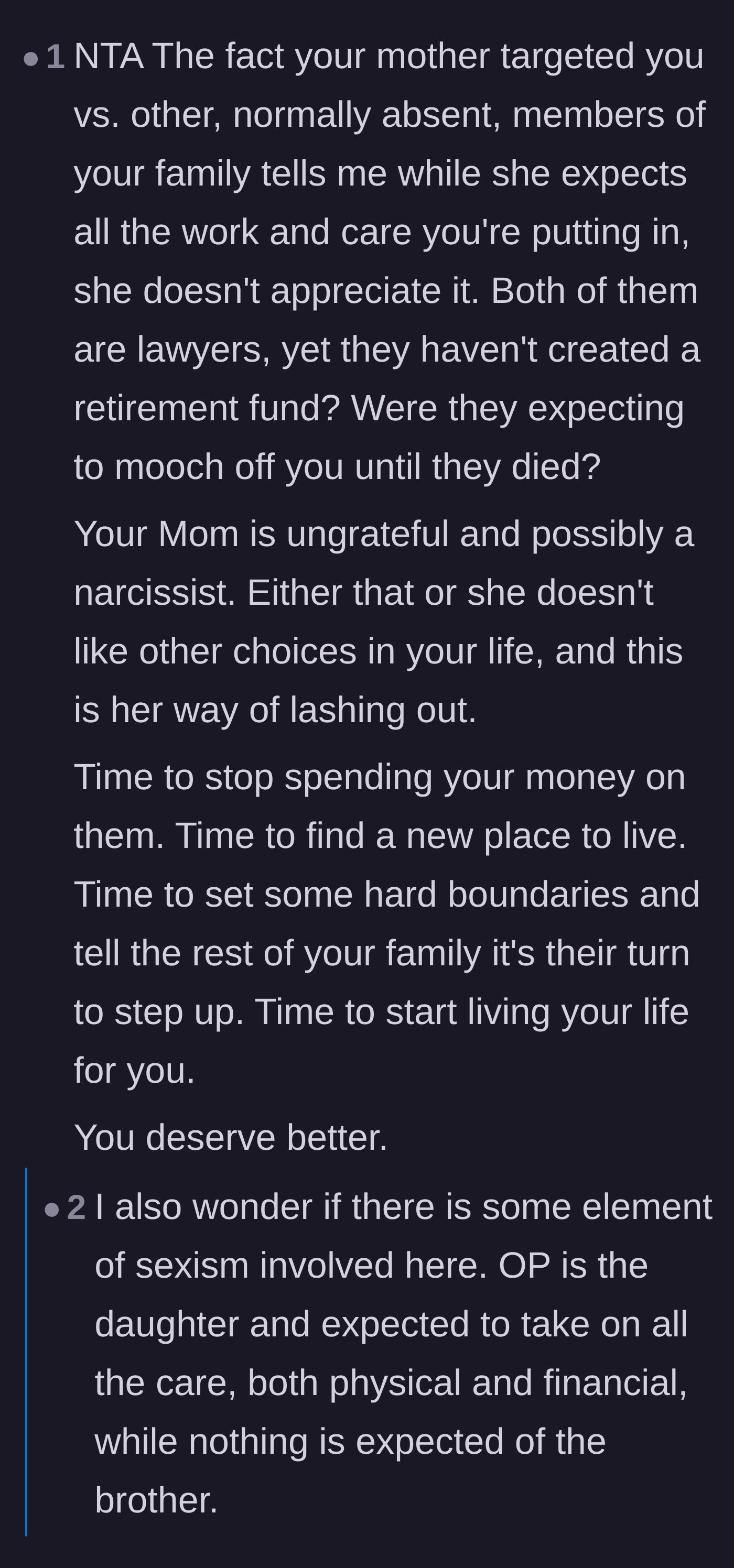 Comment thread 1 - Discussion about the parents' lack of retirement planning and the realization that the daughter is their backup plan