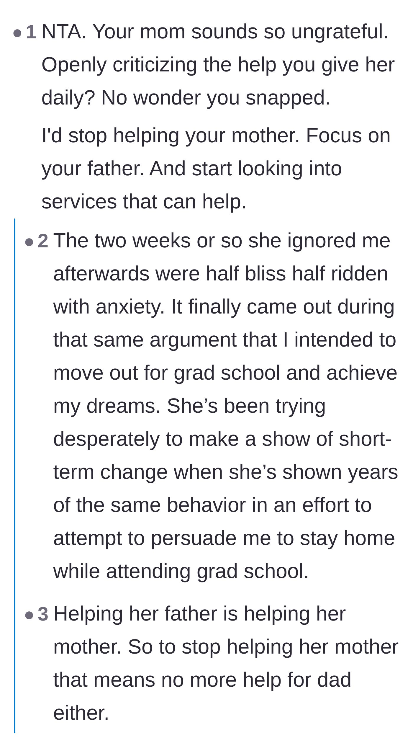 Comment thread 2 - A debate on whether to stop helping the mother, revealing the mother's manipulative attempts to keep the daughter from leaving for grad school