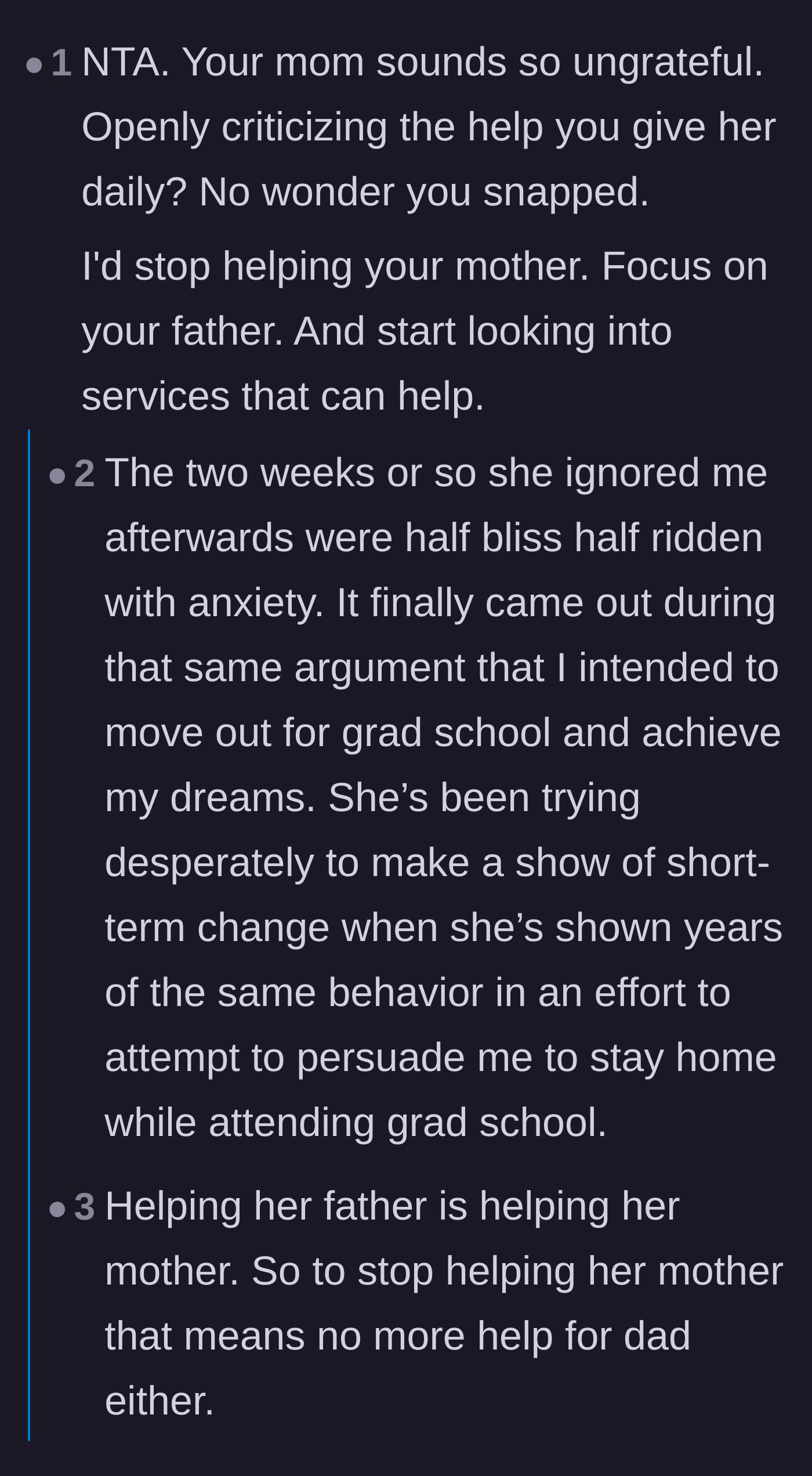 Comment thread 2 - A debate on whether to stop helping the mother, revealing the mother's manipulative attempts to keep the daughter from leaving for grad school