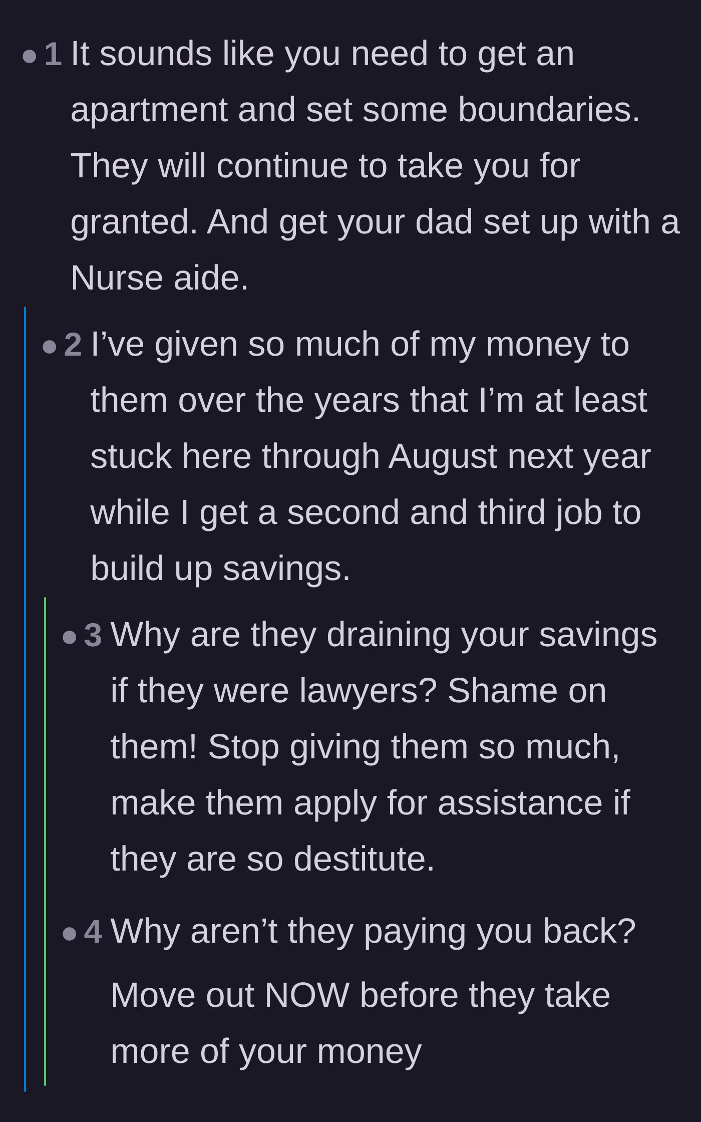 Comment thread 6 - The heartbreaking revelation that the daughter is financially trapped at home because she gave all her savings to her parents