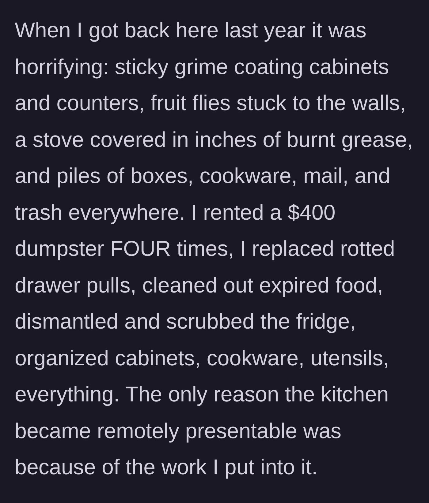 Story part 2 - A detailed account of the horrifyingly filthy kitchen and the four rented dumpsters required to make it clean and functional.