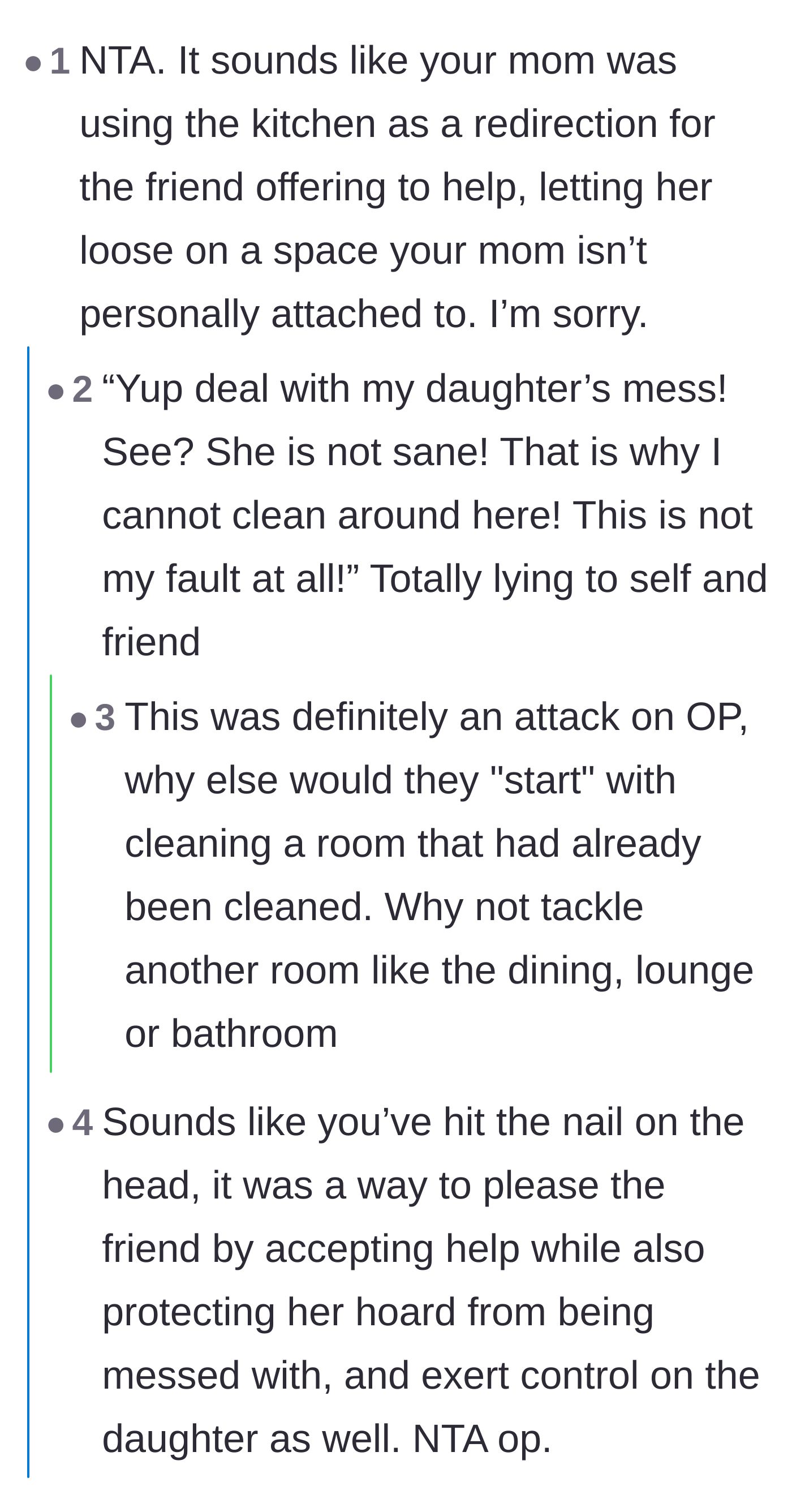 Comment thread 1 - Analyzing the mother's redirection tactics to protect her hoard