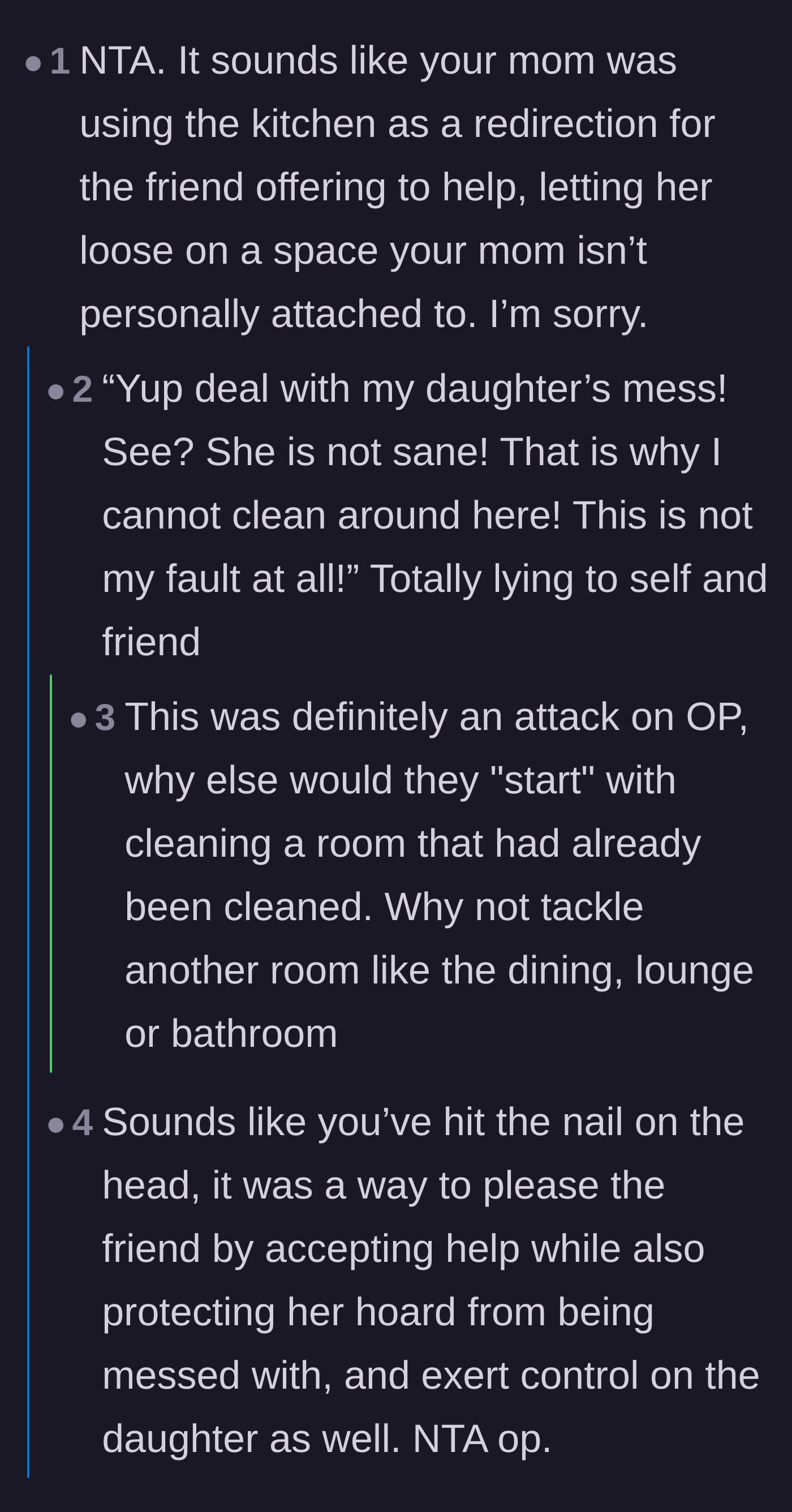 Comment thread 1 - Analyzing the mother's redirection tactics to protect her hoard