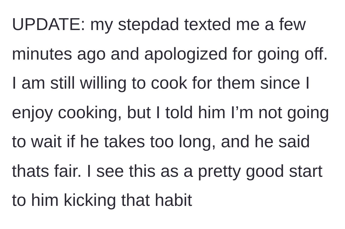 Story part 5 - A text message exchange showing the stepdad apologizing and the cook setting a firm time limit for future dinners.