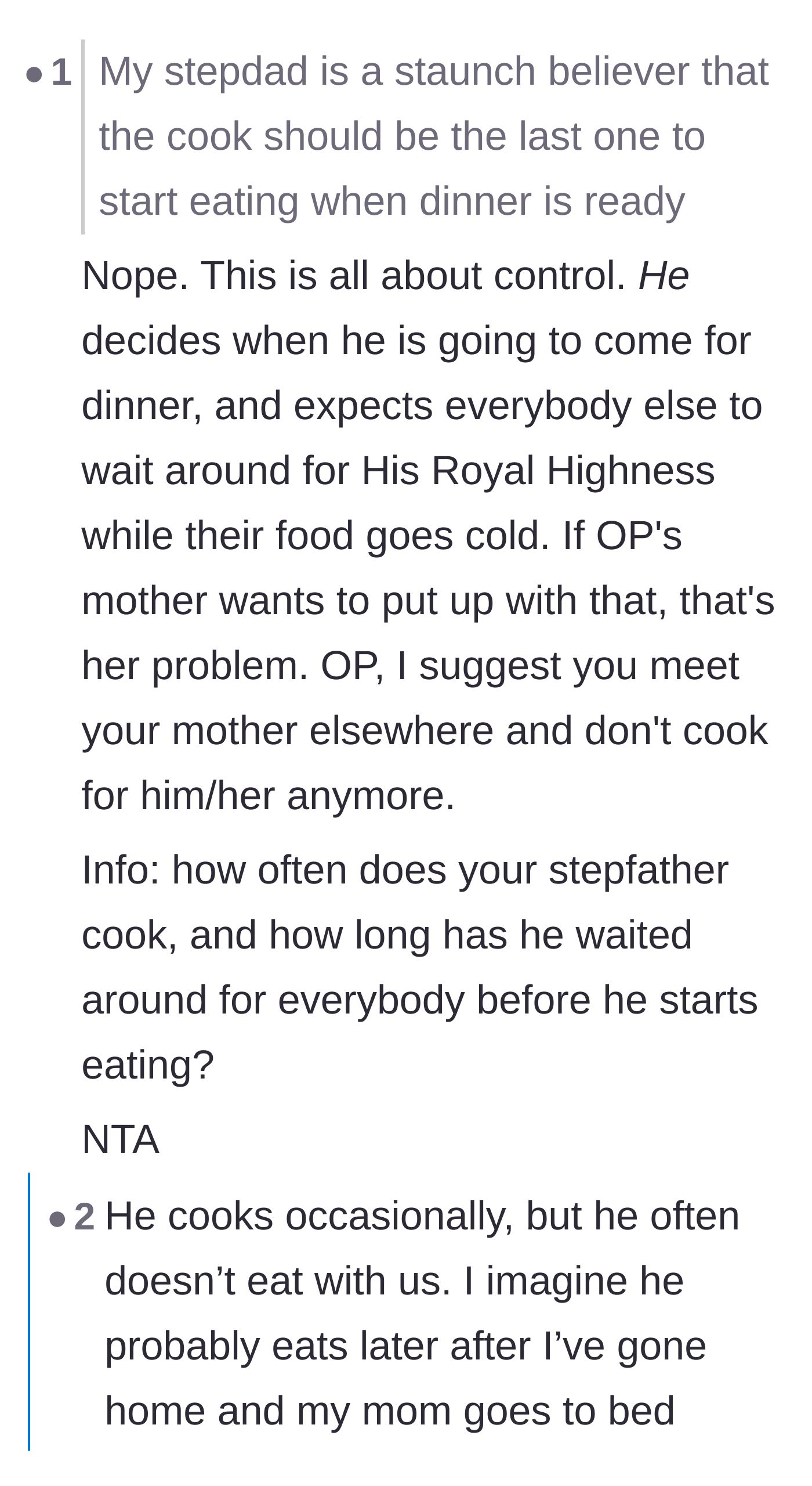 Comment thread 1 - A discussion about how the stepdad's rule is actually a toxic power play to control the household.