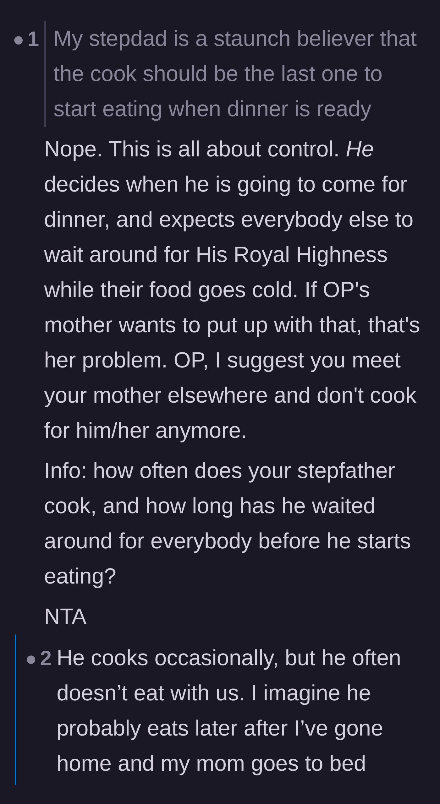 Comment thread 1 - A discussion about how the stepdad's rule is actually a toxic power play to control the household.