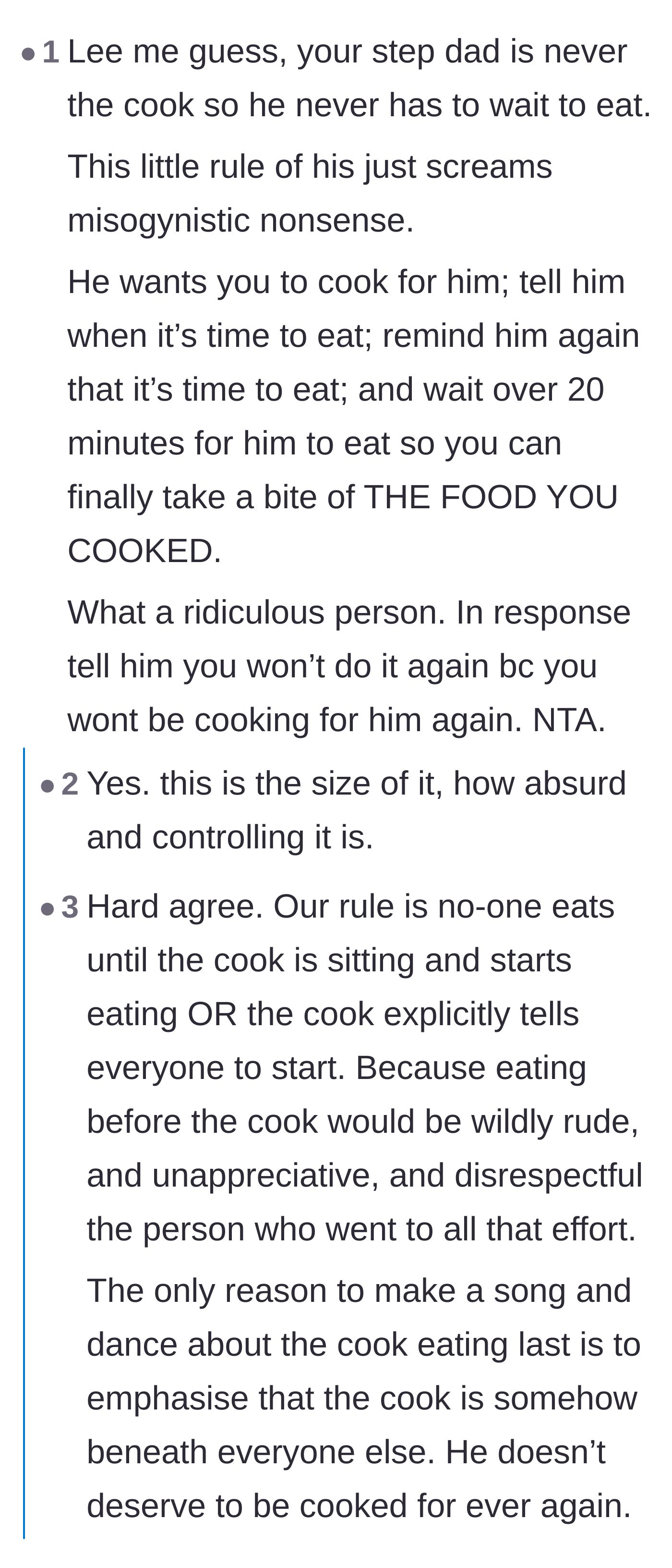 Comment thread 3 - A debate on the misogynistic undertones of forcing a cook to wait and act like a servant.